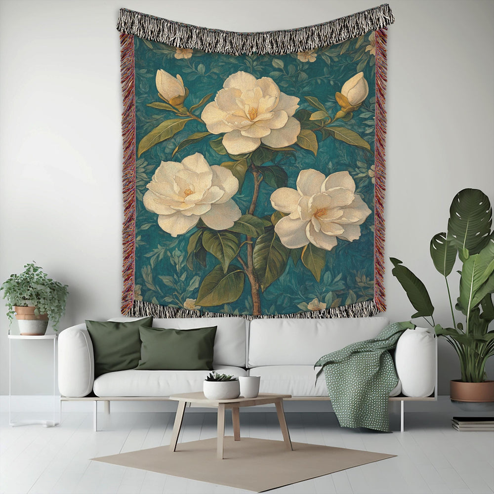 Vintage Gardenias Throw Blanket, Floral Picnic Blanket, William Morris Inspired Blanket, Living Room Couch Blanket, Nature-Inspired Blanket