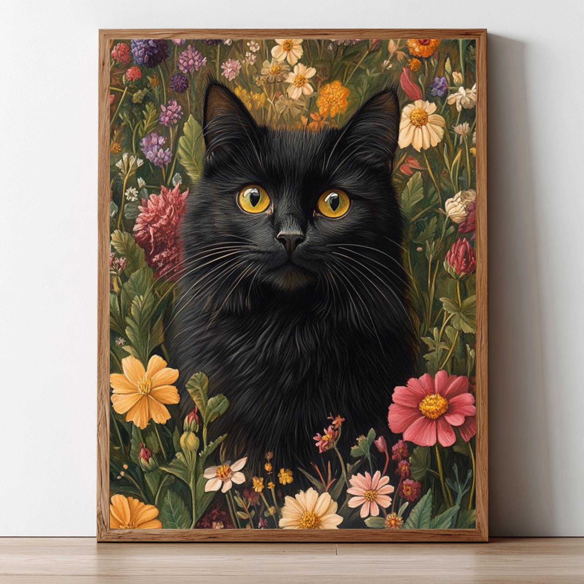 Black Cat Floral Wall Art, Botanical Garden Cat Framed Canvas, Cottagecore Animal Decor, William Morris Style Artwork, Vintage Nature Print