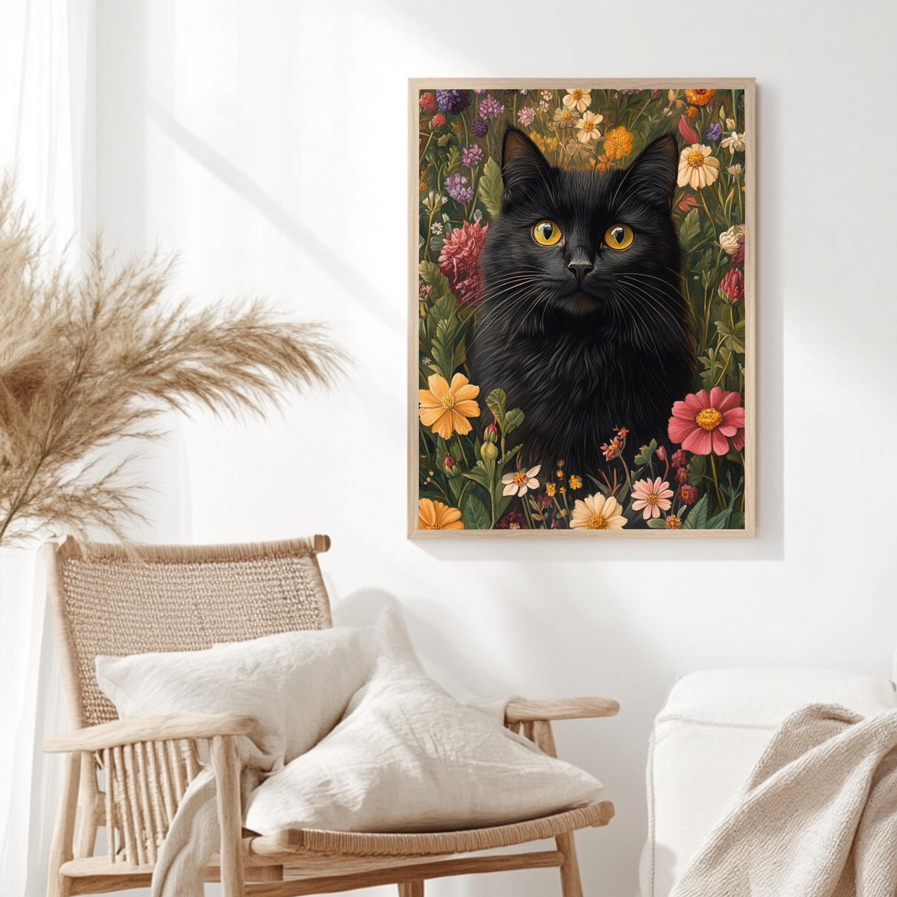 Black Cat Floral Wall Art, Botanical Garden Cat Framed Canvas, Cottagecore Animal Decor, William Morris Style Artwork, Vintage Nature Print