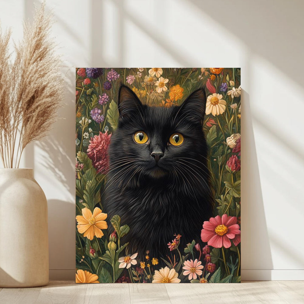 Black Cat Floral Wall Art, Botanical Garden Cat Framed Canvas, Cottagecore Animal Decor, William Morris Style Artwork, Vintage Nature Print