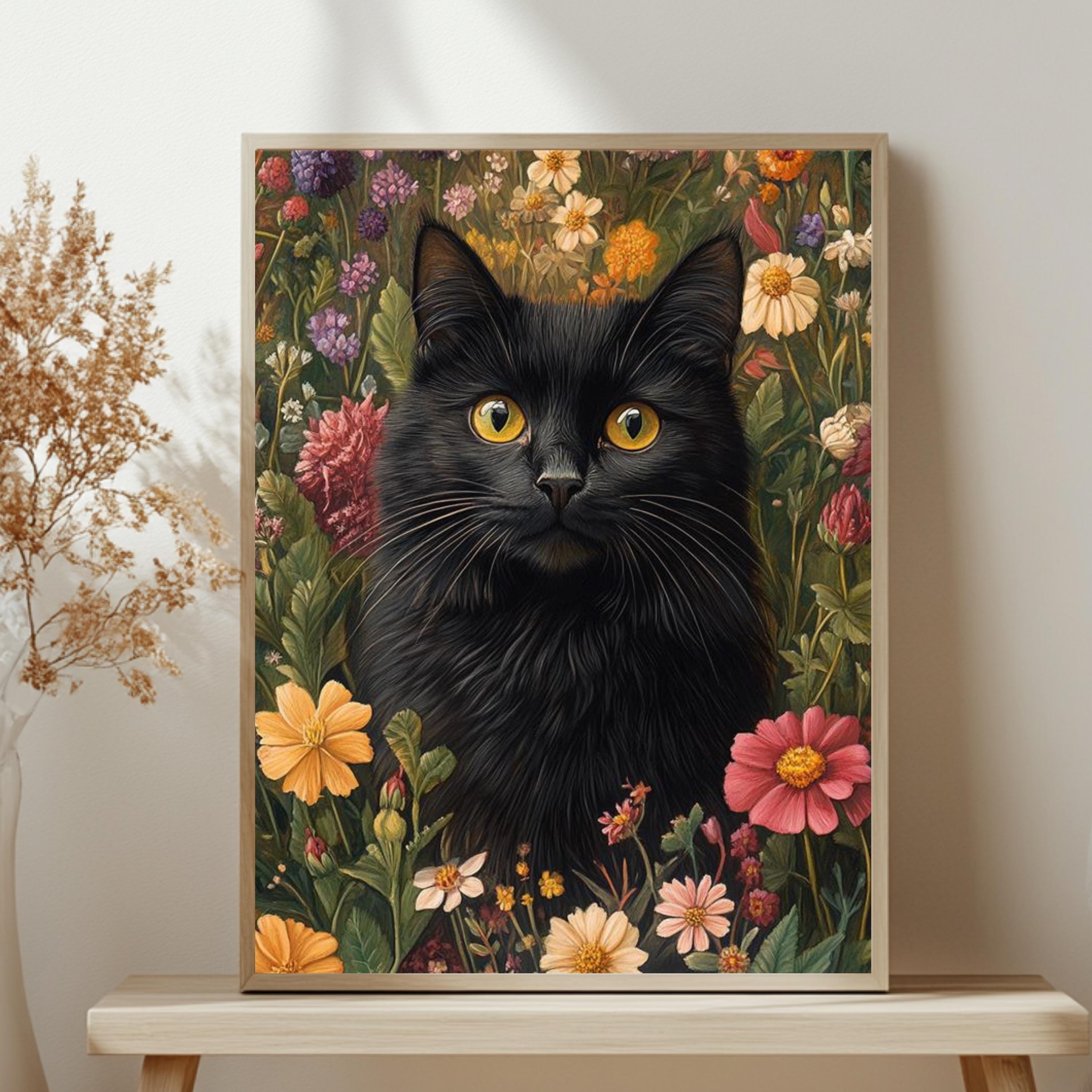 Black Cat Floral Wall Art, Botanical Garden Cat Framed Canvas, Cottagecore Animal Decor, William Morris Style Artwork, Vintage Nature Print