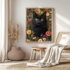 Black Cat Floral Wall Art, Botanical Garden Cat Framed Canvas, Cottagecore Animal Decor, William Morris Style Artwork, Vintage Nature Print