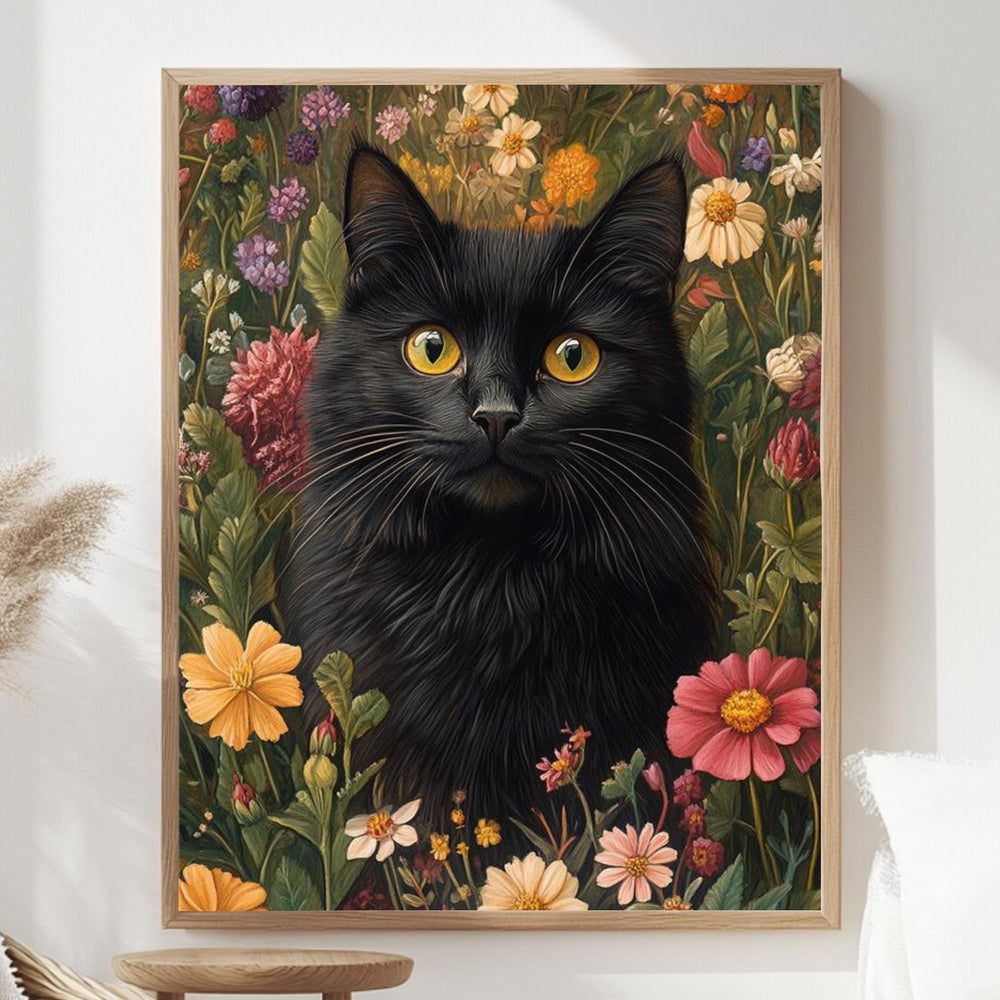 Black Cat Floral Wall Art, Botanical Garden Cat Framed Canvas, Cottagecore Animal Decor, William Morris Style Artwork, Vintage Nature Print