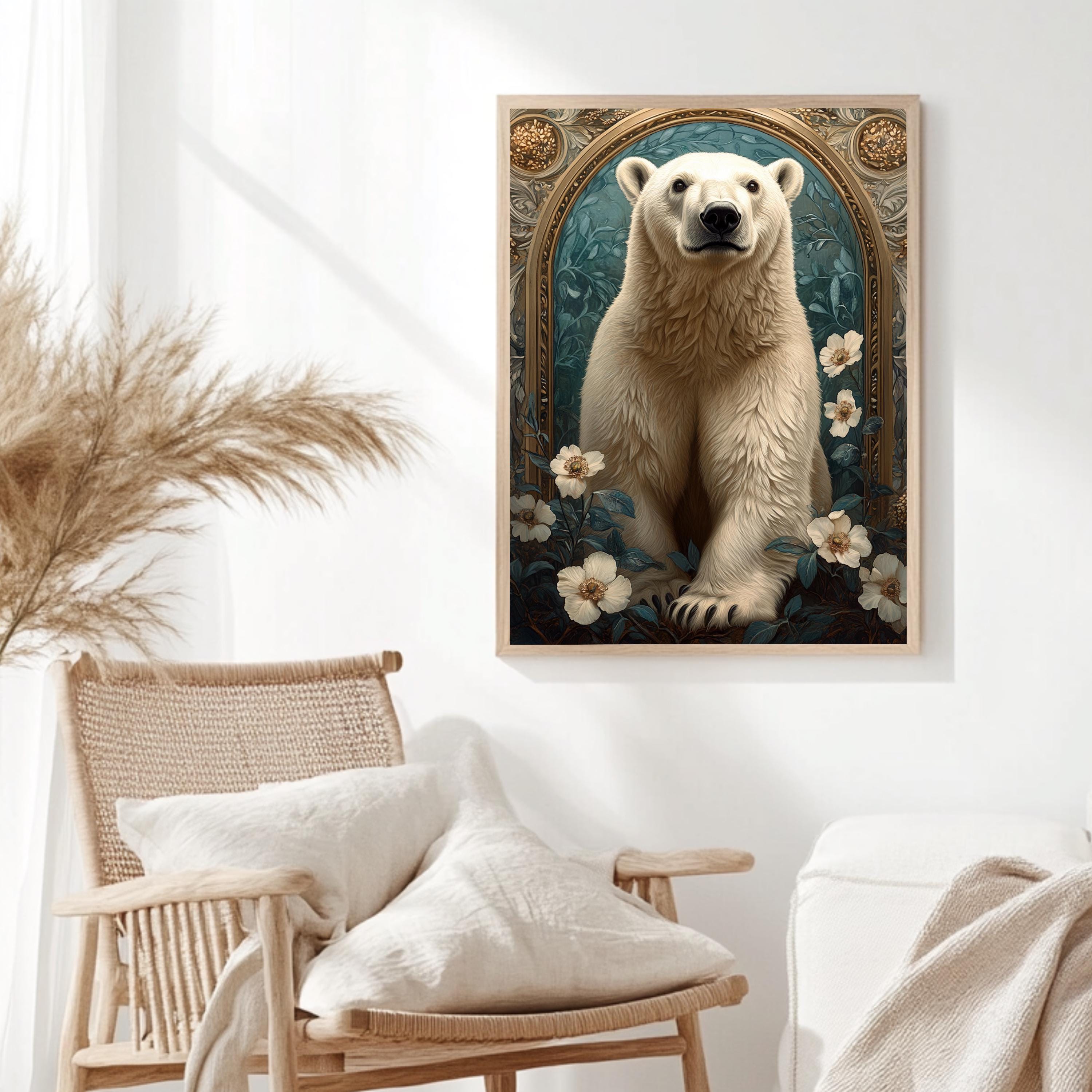 Polar Bear Wall Art, Botanical Arctic Animal Framed Canvas, Vintage Wildlife Home Decor, William Morris Style Artwork