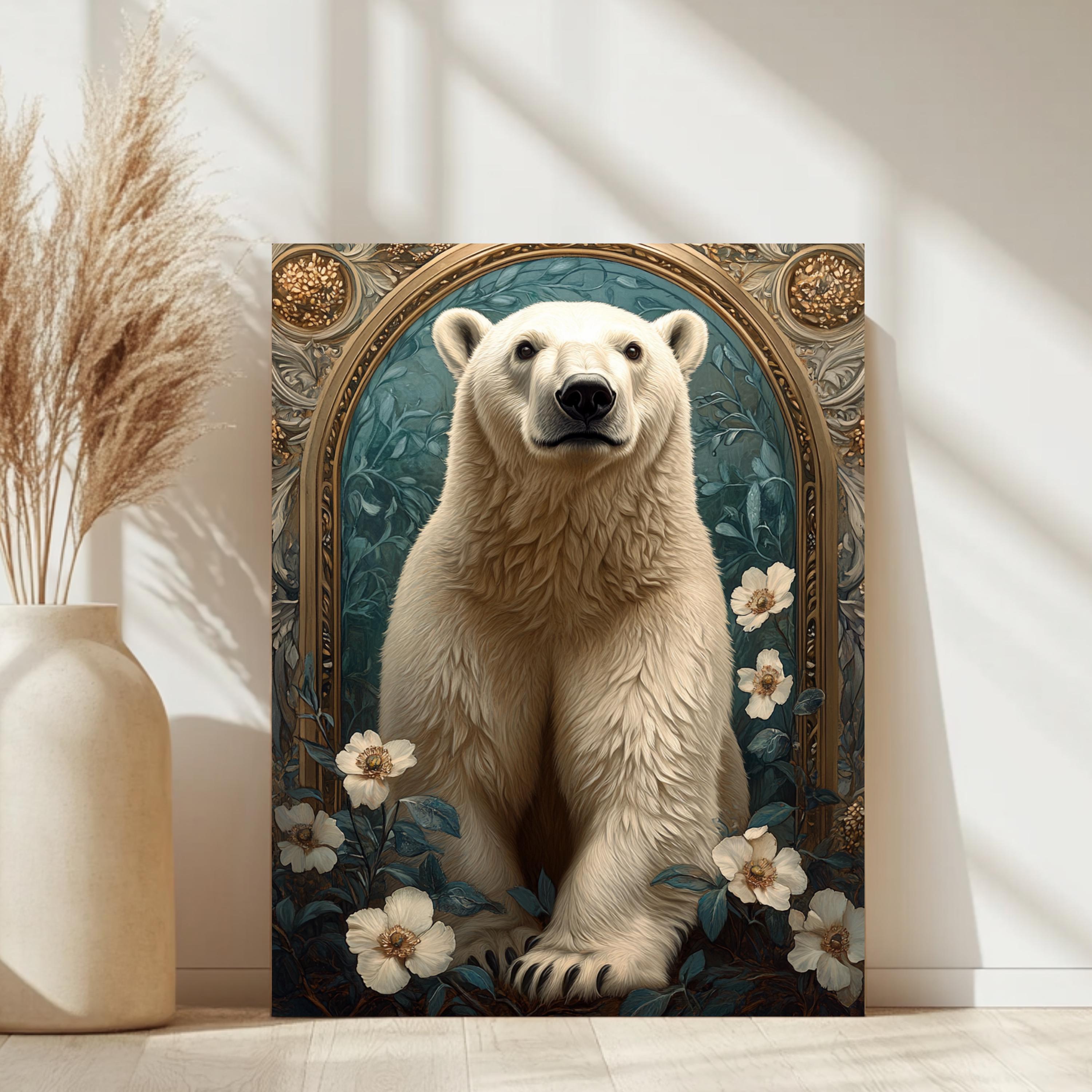 Polar Bear Wall Art, Botanical Arctic Animal Framed Canvas, Vintage Wildlife Home Decor, William Morris Style Artwork