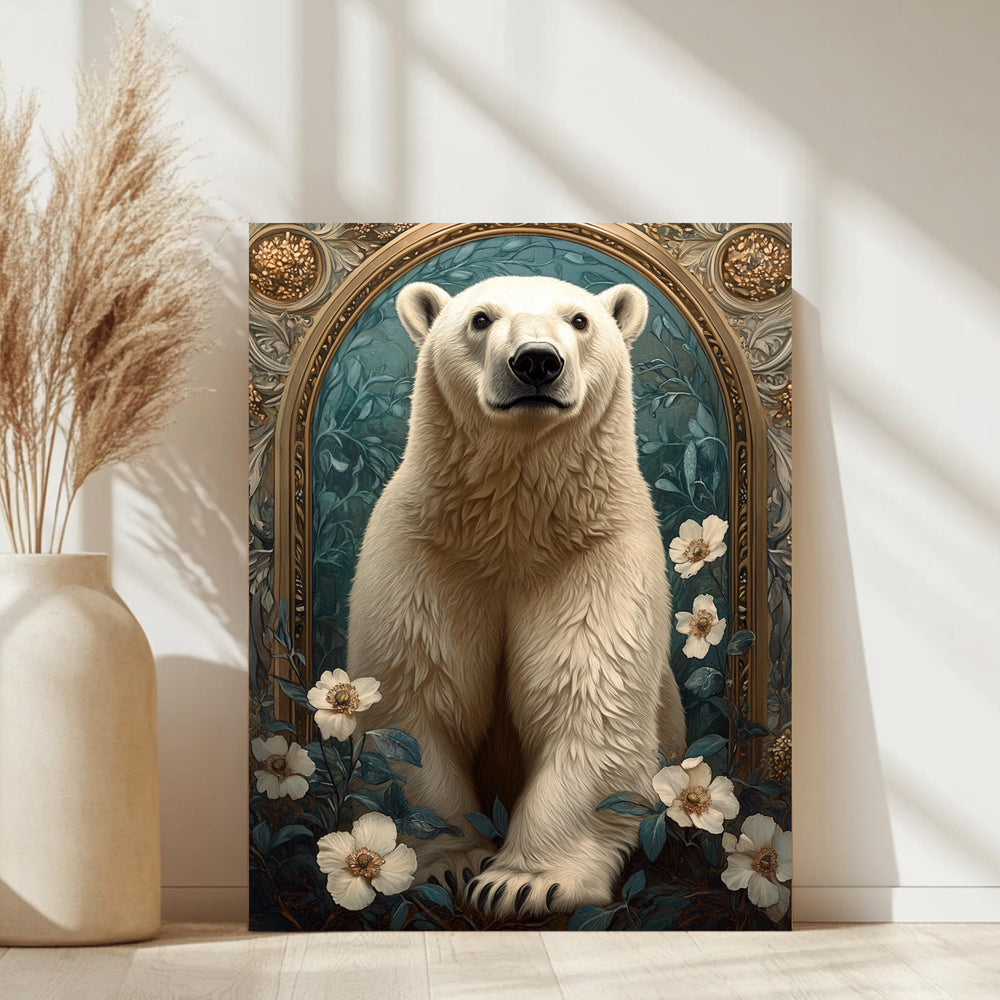 Polar Bear Wall Art, Botanical Arctic Animal Framed Canvas, Vintage Wildlife Home Decor, William Morris Style Artwork
