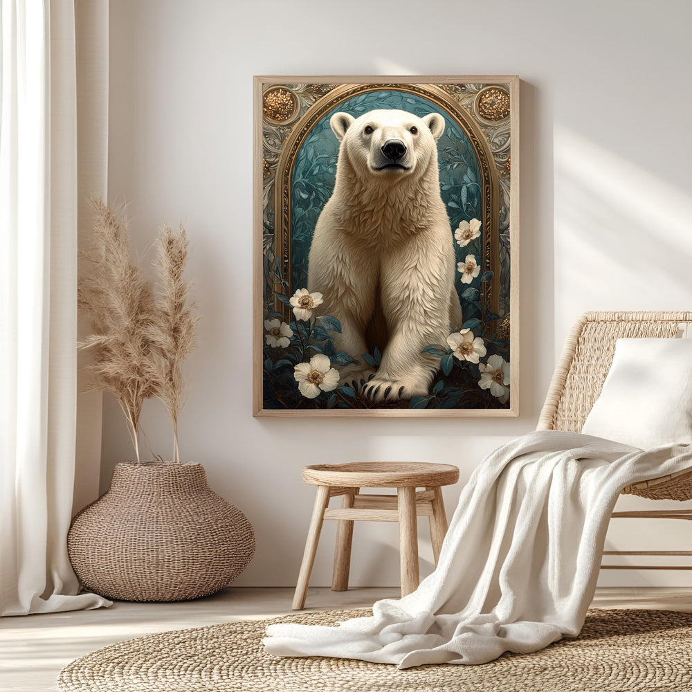 Polar Bear Wall Art, Botanical Arctic Animal Framed Canvas, Vintage Wildlife Home Decor, William Morris Style Artwork