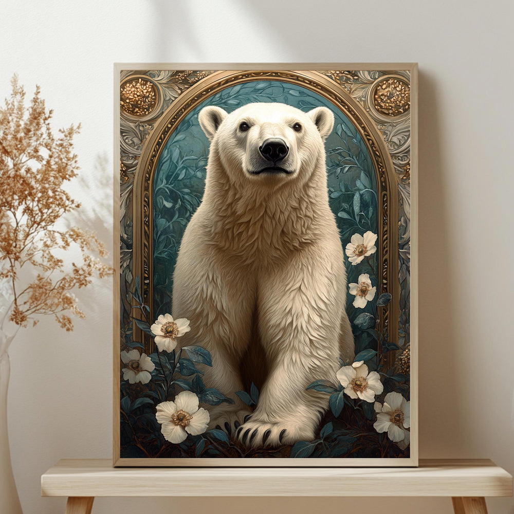 Polar Bear Wall Art, Botanical Arctic Animal Framed Canvas, Vintage Wildlife Home Decor, William Morris Style Artwork