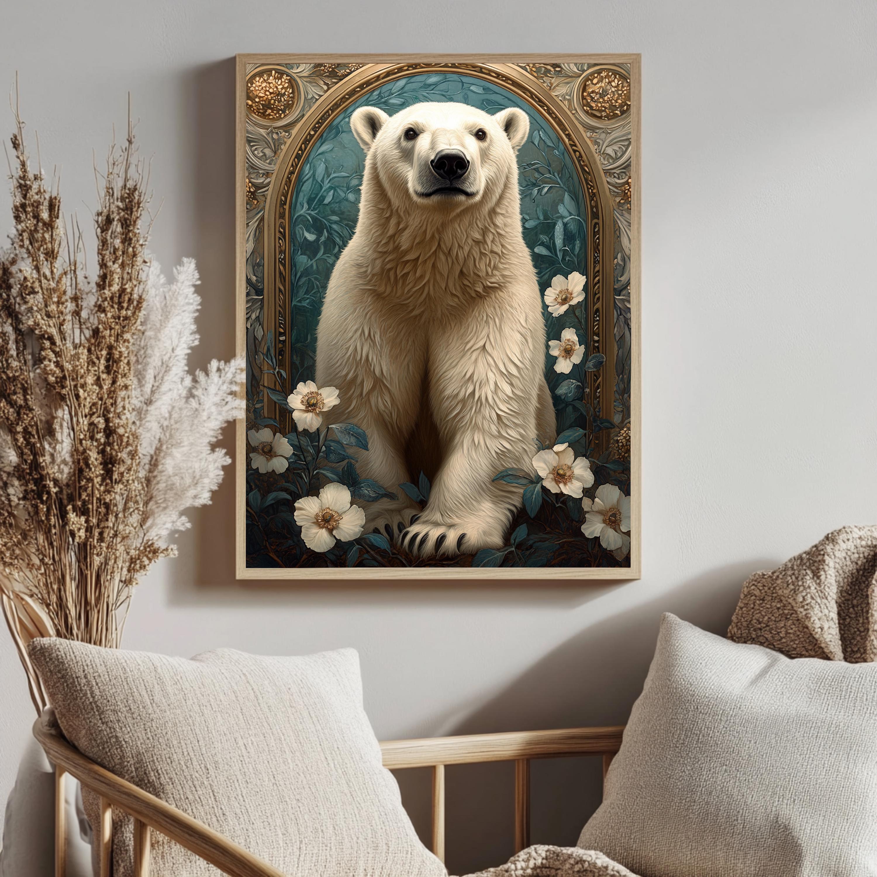 Polar Bear Wall Art, Botanical Arctic Animal Framed Canvas, Vintage Wildlife Home Decor, William Morris Style Artwork