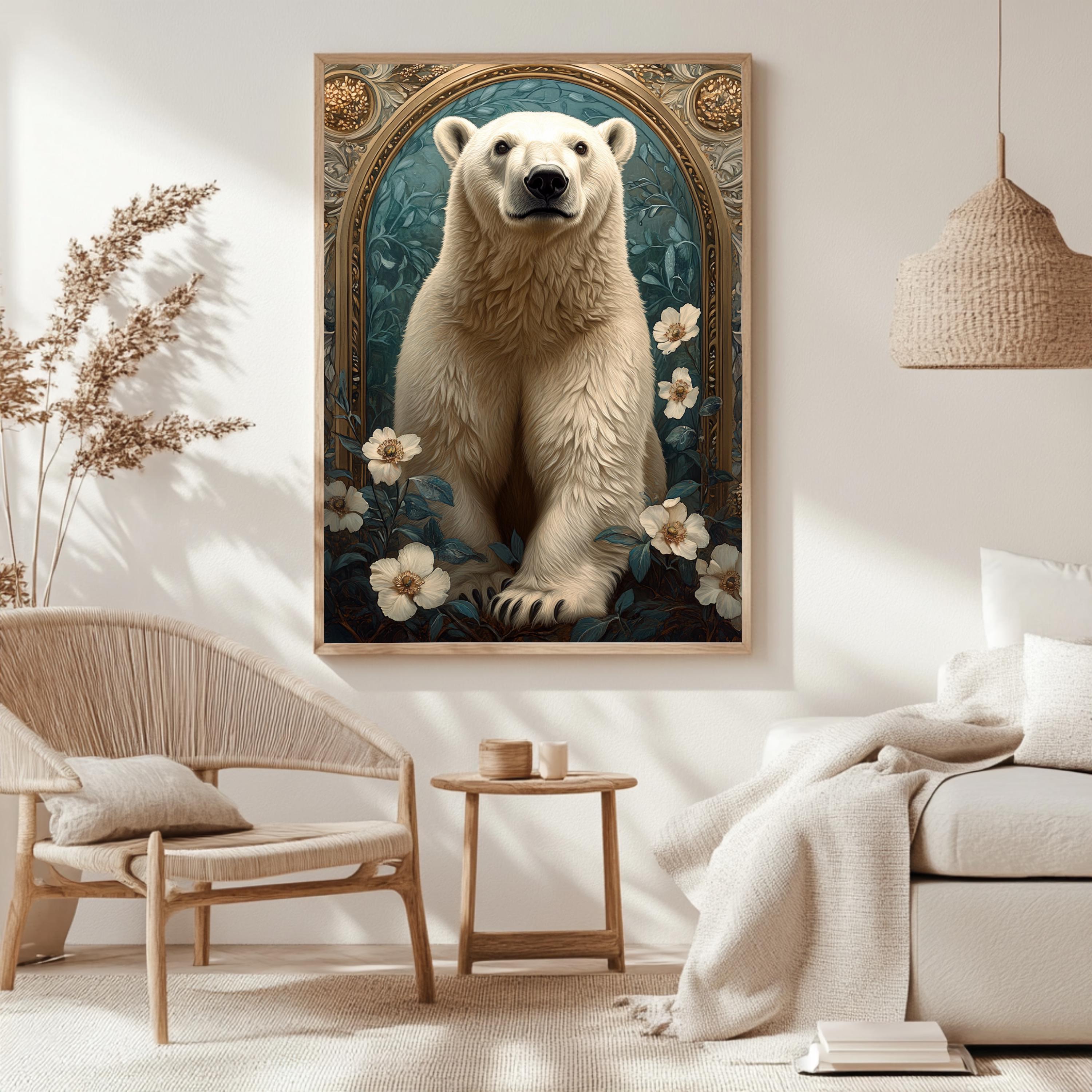 Polar Bear Wall Art, Botanical Arctic Animal Framed Canvas, Vintage Wildlife Home Decor, William Morris Style Artwork