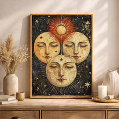 Vintage Sun Moon Wall Art, Celestial Face Canvas, Antique Cosmic Artwork, Mystical Sunburst Print, Boho Spiritual Decor for Living Room