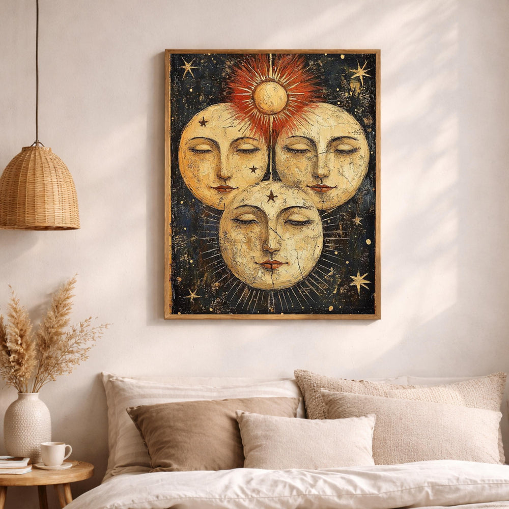 Vintage Sun Moon Wall Art, Celestial Face Canvas, Antique Cosmic Artwork, Mystical Sunburst Print, Boho Spiritual Decor for Living Room