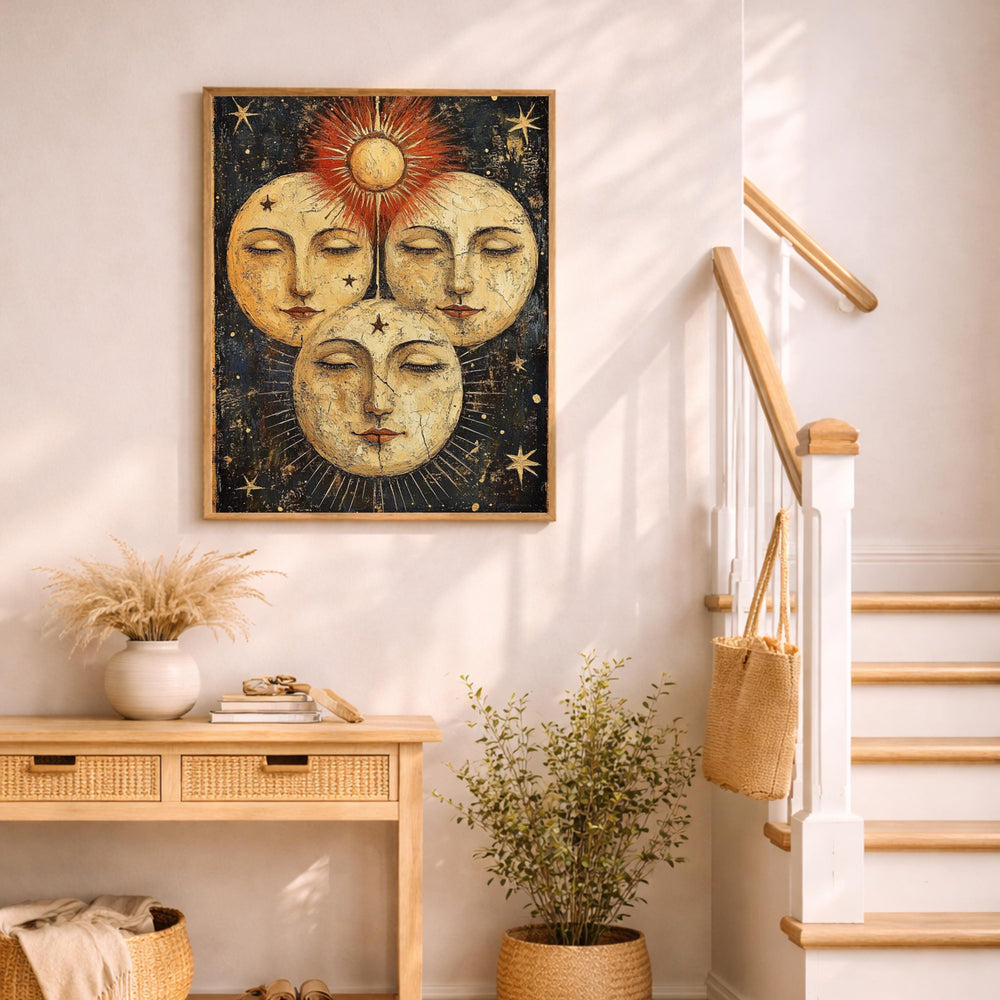 Vintage Sun Moon Wall Art, Celestial Face Canvas, Antique Cosmic Artwork, Mystical Sunburst Print, Boho Spiritual Decor for Living Room