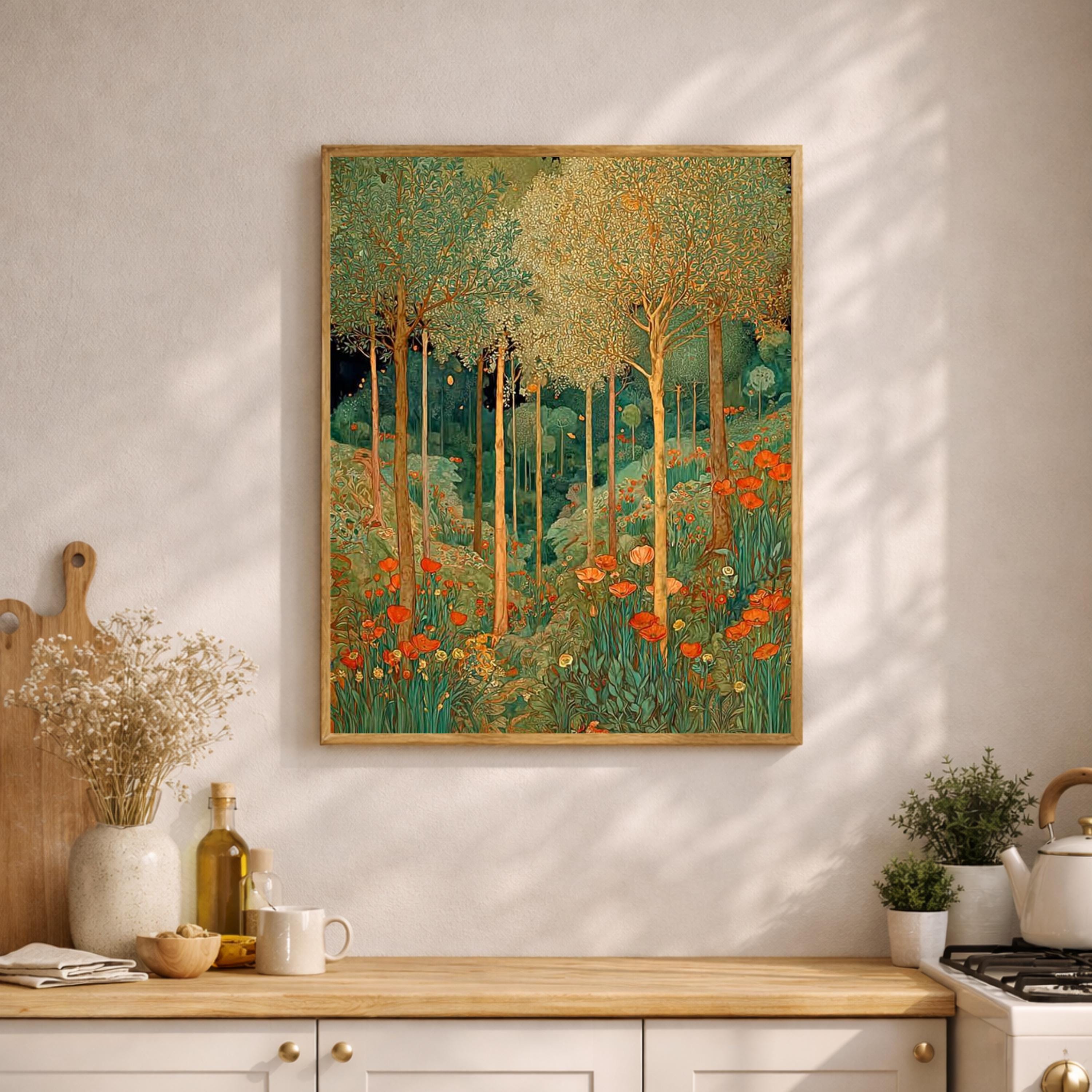 Vintage Forest Wall Art, William Morris Style Canvas, Botanical Woodland Print, Rustic Nature Artwork, Cottagecore Decor for Living Room