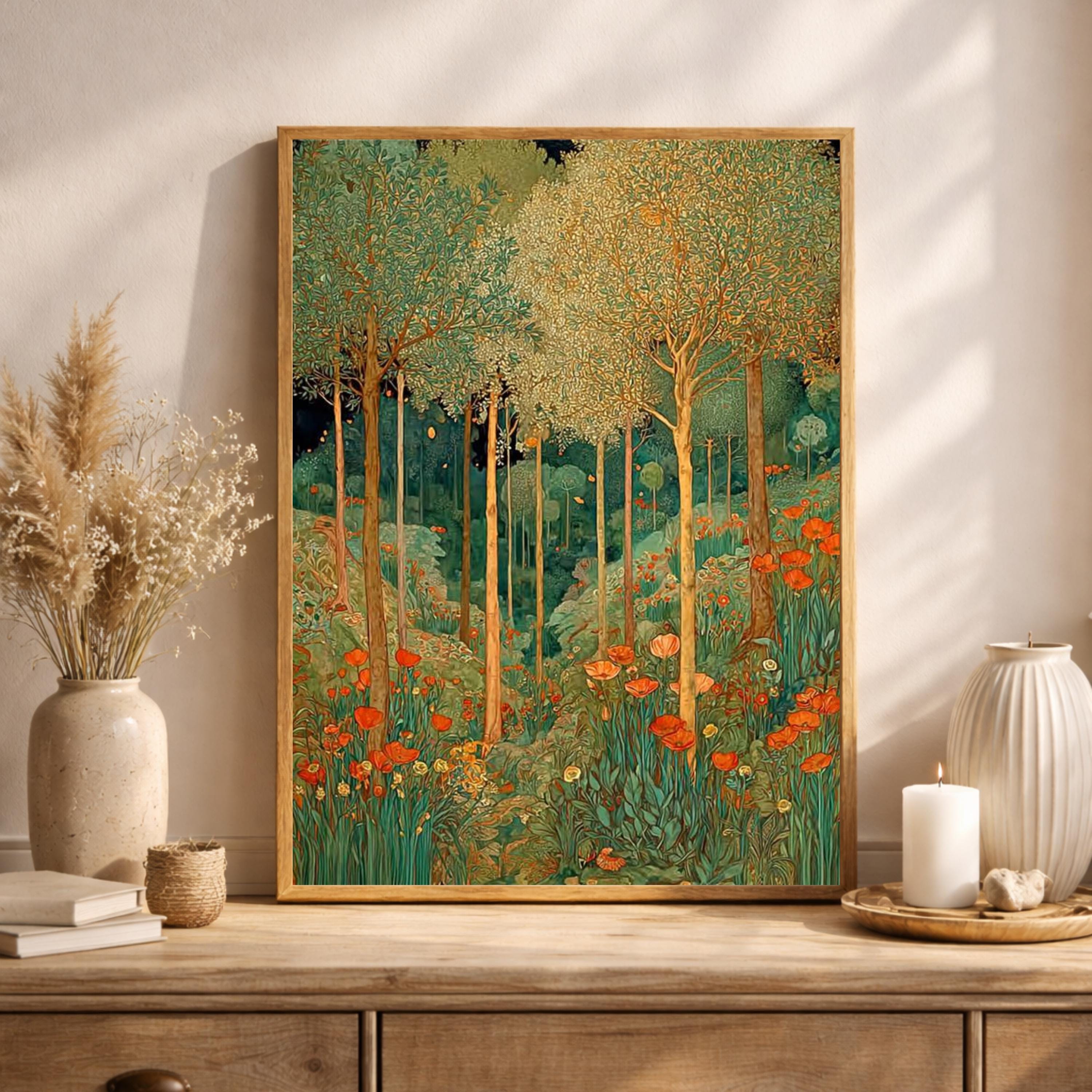 Vintage Forest Wall Art, William Morris Style Canvas, Botanical Woodland Print, Rustic Nature Artwork, Cottagecore Decor for Living Room
