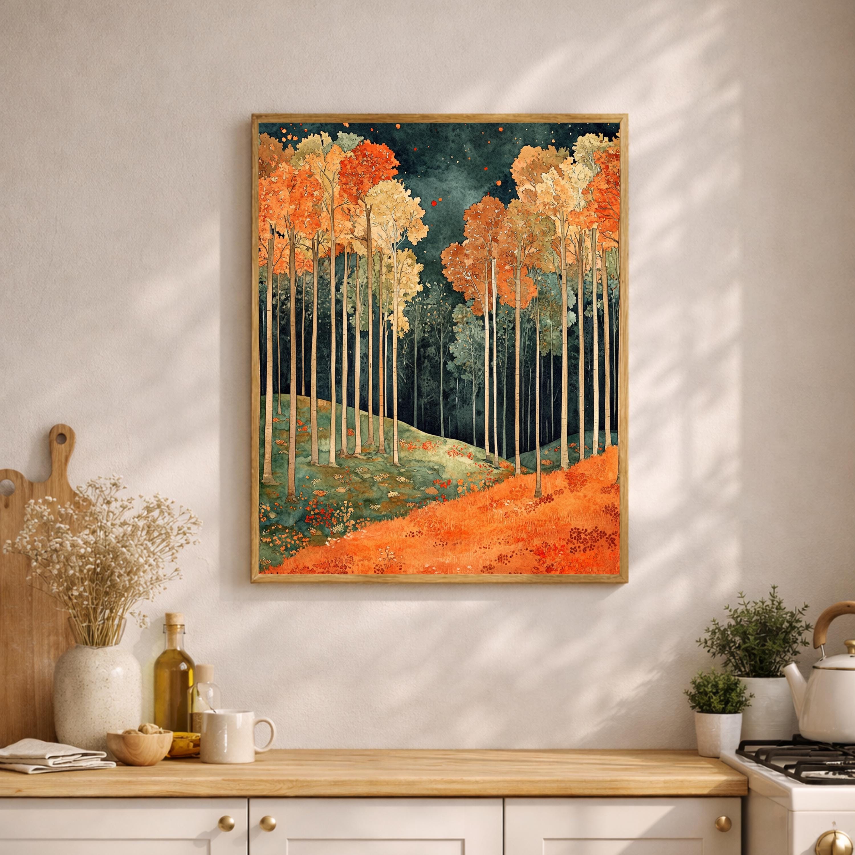 Autumn Forest Wall Art, Rustic Landscape Print, Vintage Woodland Scene Canvas, Fall Nature Artwork, Cozy Cottage Decor for Living Room