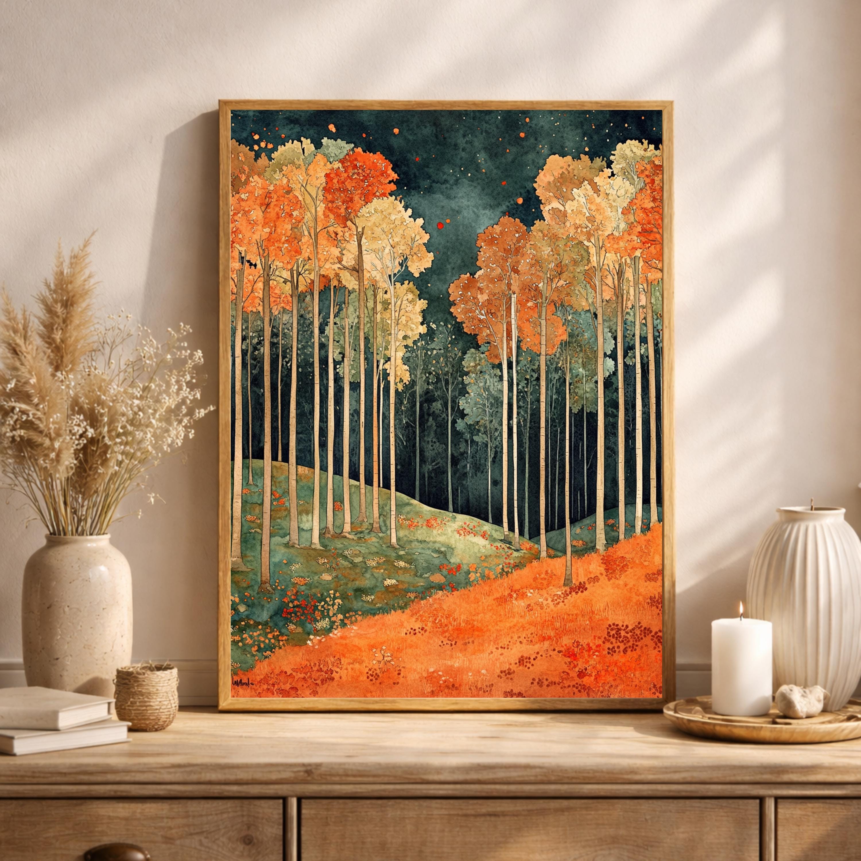 Autumn Forest Wall Art, Rustic Landscape Print, Vintage Woodland Scene Canvas, Fall Nature Artwork, Cozy Cottage Decor for Living Room