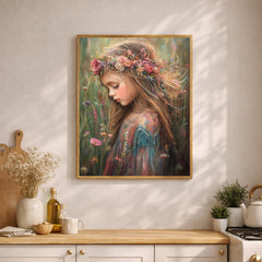 Vintage Girl Portrait Wall Art, Floral Crown Canvas, Whimsical Cottagecore Artwork, Soft Feminine Decor, Dreamy Child Print for Nursery