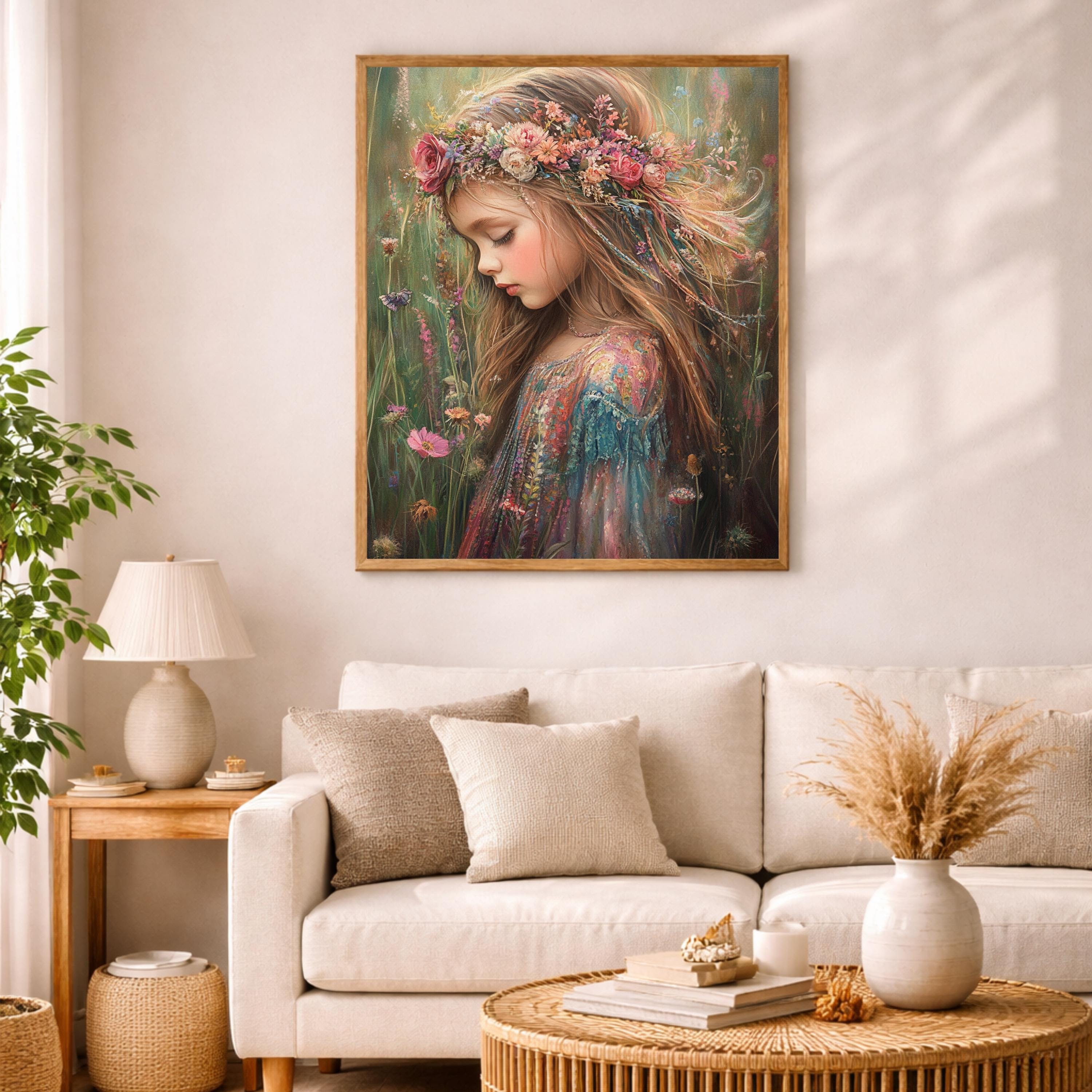 Vintage Girl Portrait Wall Art, Floral Crown Canvas, Whimsical Cottagecore Artwork, Soft Feminine Decor, Dreamy Child Print for Nursery