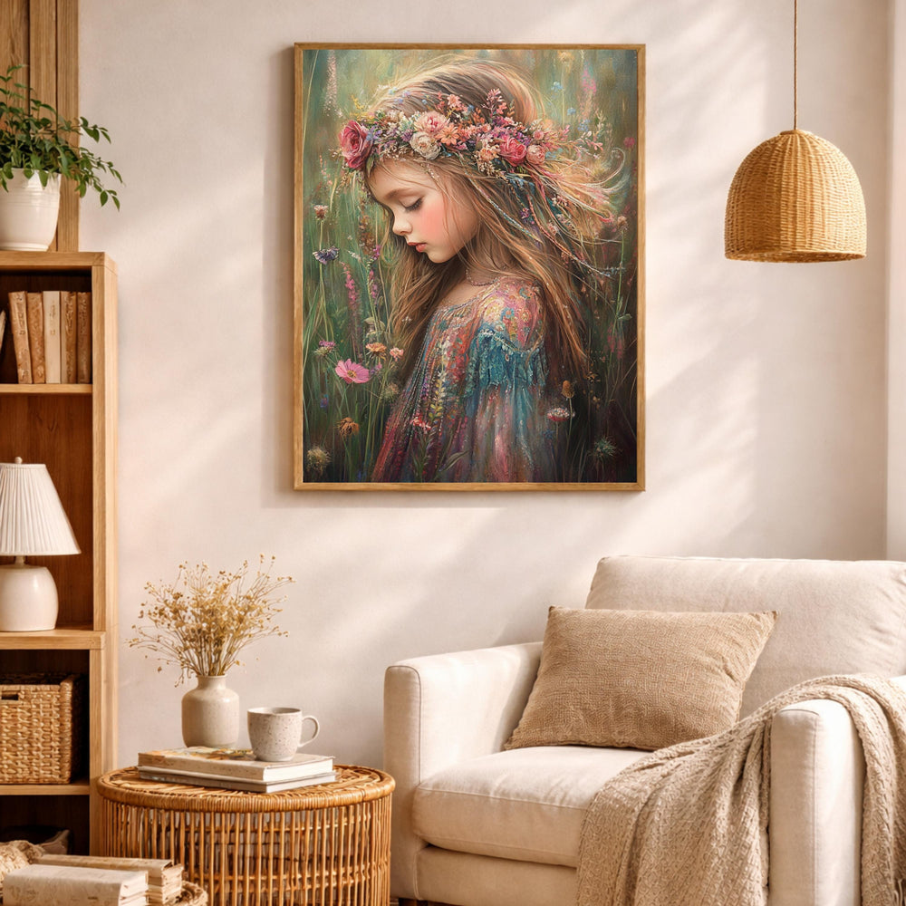 Vintage Girl Portrait Wall Art, Floral Crown Canvas, Whimsical Cottagecore Artwork, Soft Feminine Decor, Dreamy Child Print for Nursery