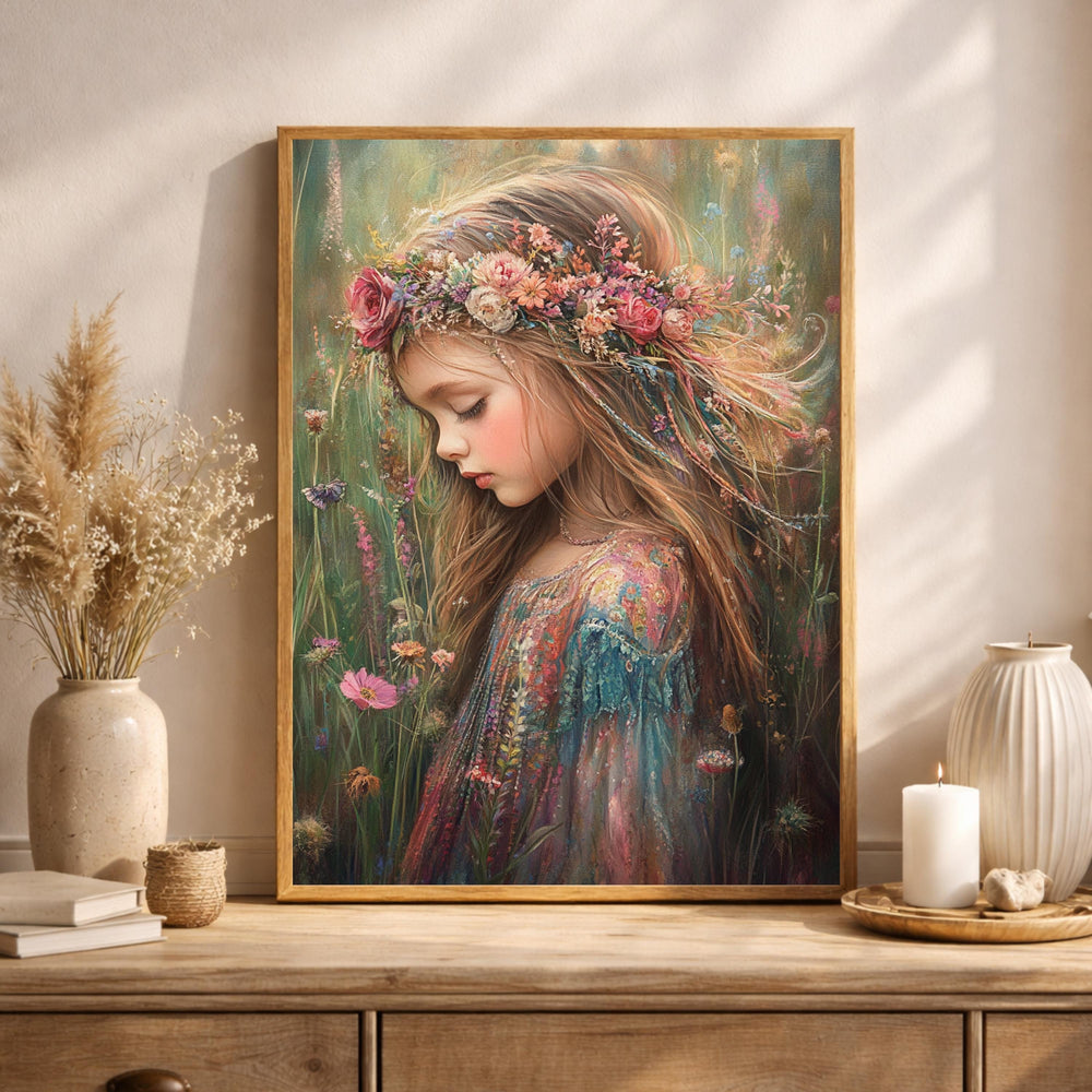 Vintage Girl Portrait Wall Art, Floral Crown Canvas, Whimsical Cottagecore Artwork, Soft Feminine Decor, Dreamy Child Print for Nursery