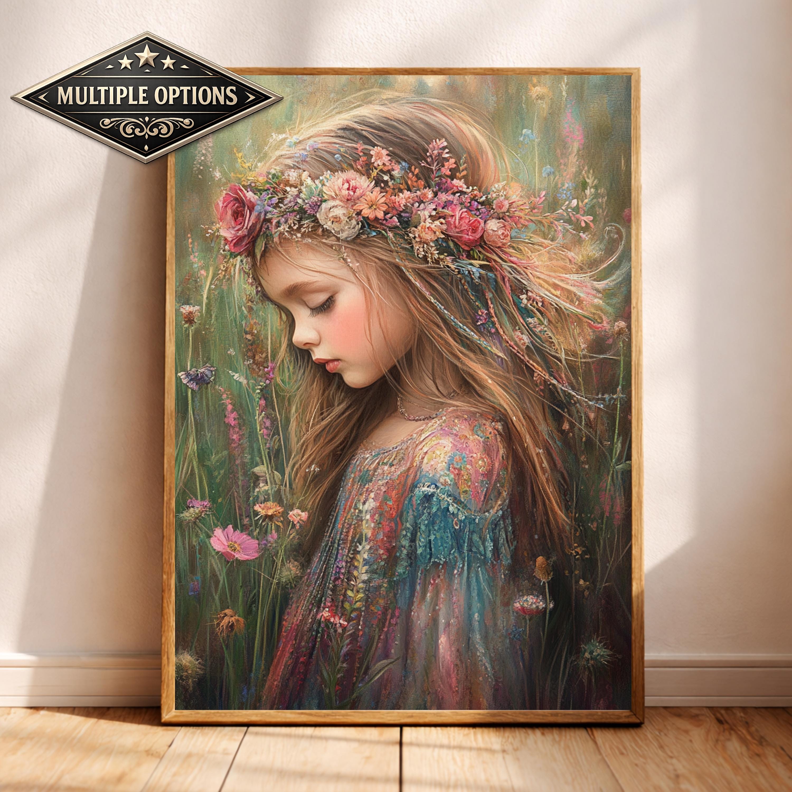Vintage Girl Portrait Wall Art, Floral Crown Canvas, Whimsical Cottagecore Artwork, Soft Feminine Decor, Dreamy Child Print for Nursery