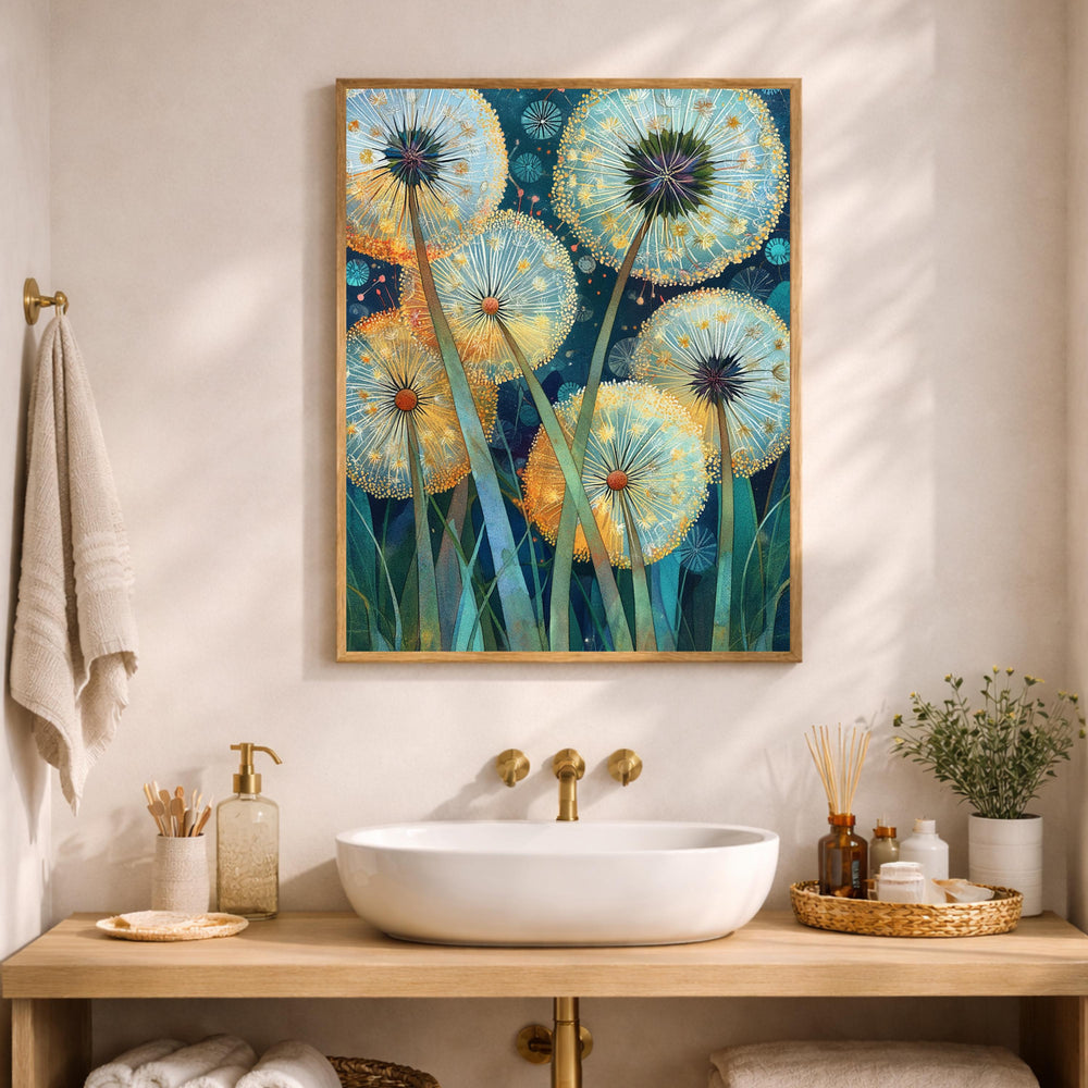 Dandelion Wall Art, Whimsical Botanical Framed Canvas, Dreamy Nature Artwork, Colorful Floral Decor, Cottagecore Garden Print for Bedroom