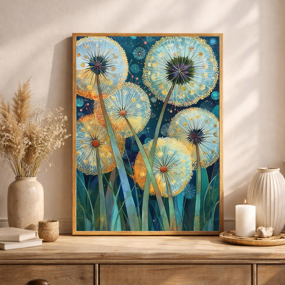 Dandelion Wall Art, Whimsical Botanical Framed Canvas, Dreamy Nature Artwork, Colorful Floral Decor, Cottagecore Garden Print for Bedroom
