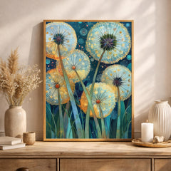 Dandelion Wall Art, Whimsical Botanical Framed Canvas, Dreamy Nature Artwork, Colorful Floral Decor, Cottagecore Garden Print for Bedroom