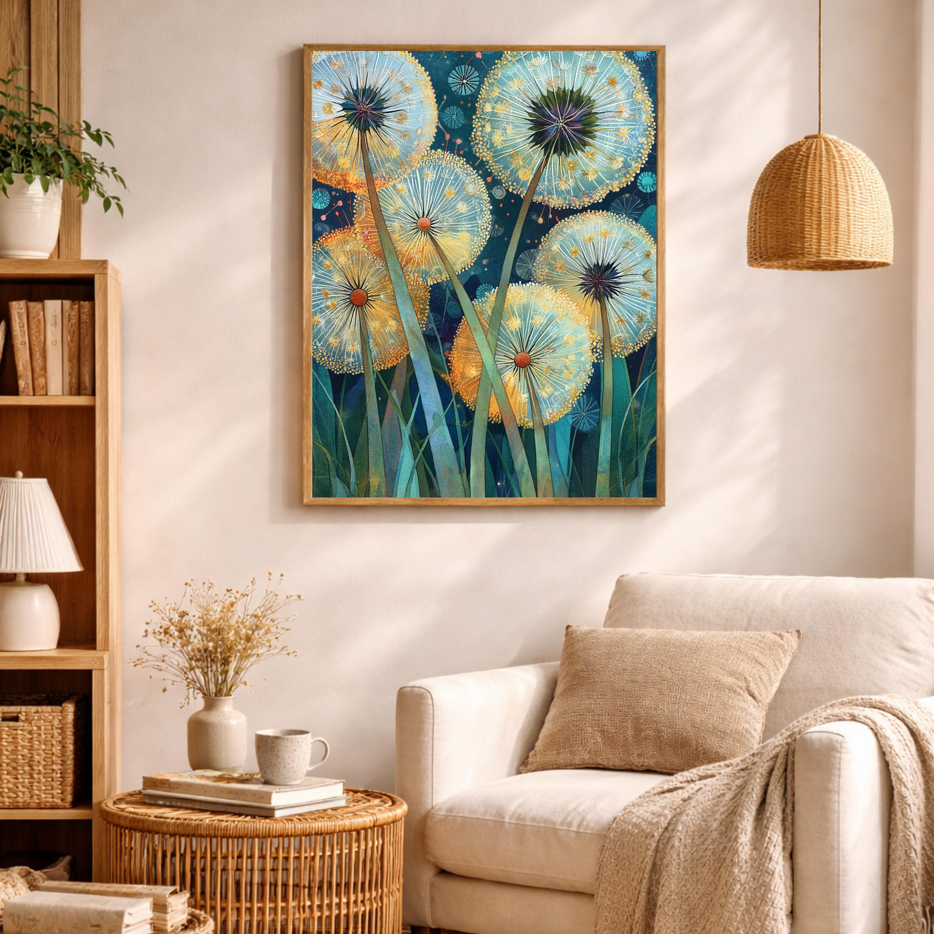Dandelion Wall Art, Whimsical Botanical Framed Canvas, Dreamy Nature Artwork, Colorful Floral Decor, Cottagecore Garden Print for Bedroom