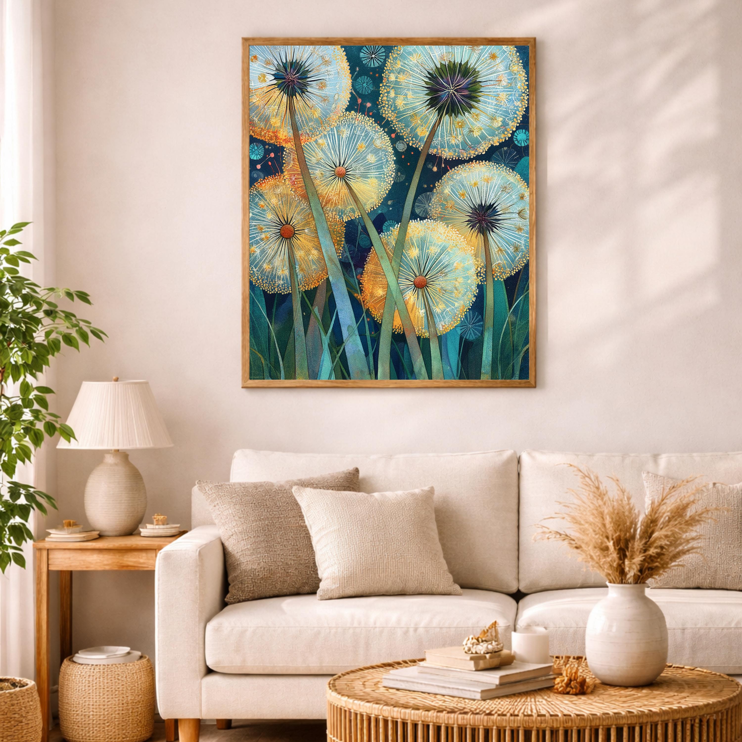 Dandelion Wall Art, Whimsical Botanical Framed Canvas, Dreamy Nature Artwork, Colorful Floral Decor, Cottagecore Garden Print for Bedroom
