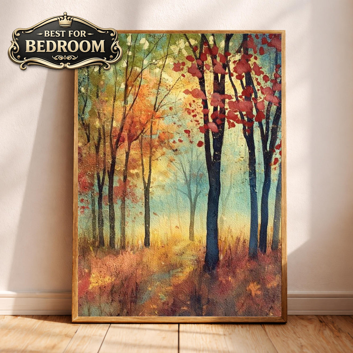 Autumn Forest Path Wall Art, Rustic Woodland Canvas Print, Fall Landscape Artwork, Vintage Nature Scene, Cozy Cottage Decor for Bedroom