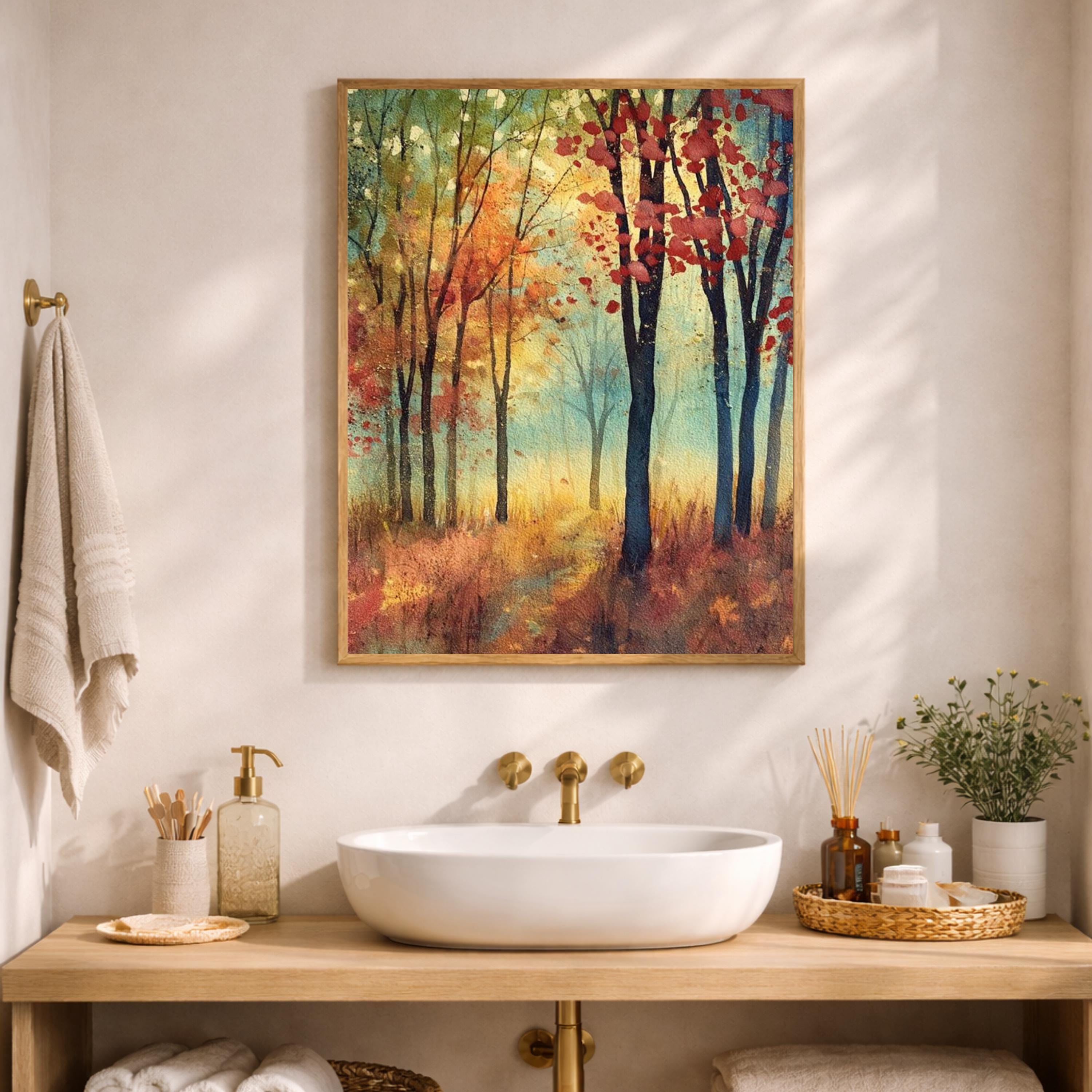 Autumn Forest Path Wall Art, Rustic Woodland Canvas Print, Fall Landscape Artwork, Vintage Nature Scene, Cozy Cottage Decor for Bedroom