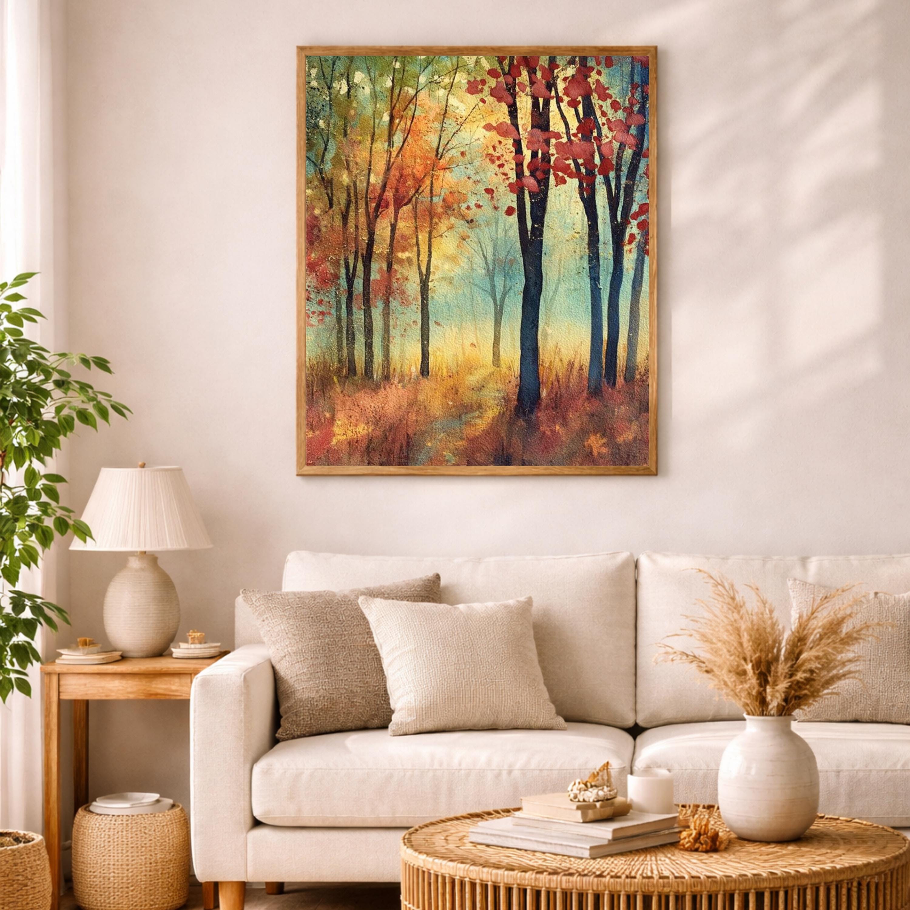 Autumn Forest Path Wall Art, Rustic Woodland Canvas Print, Fall Landscape Artwork, Vintage Nature Scene, Cozy Cottage Decor for Bedroom