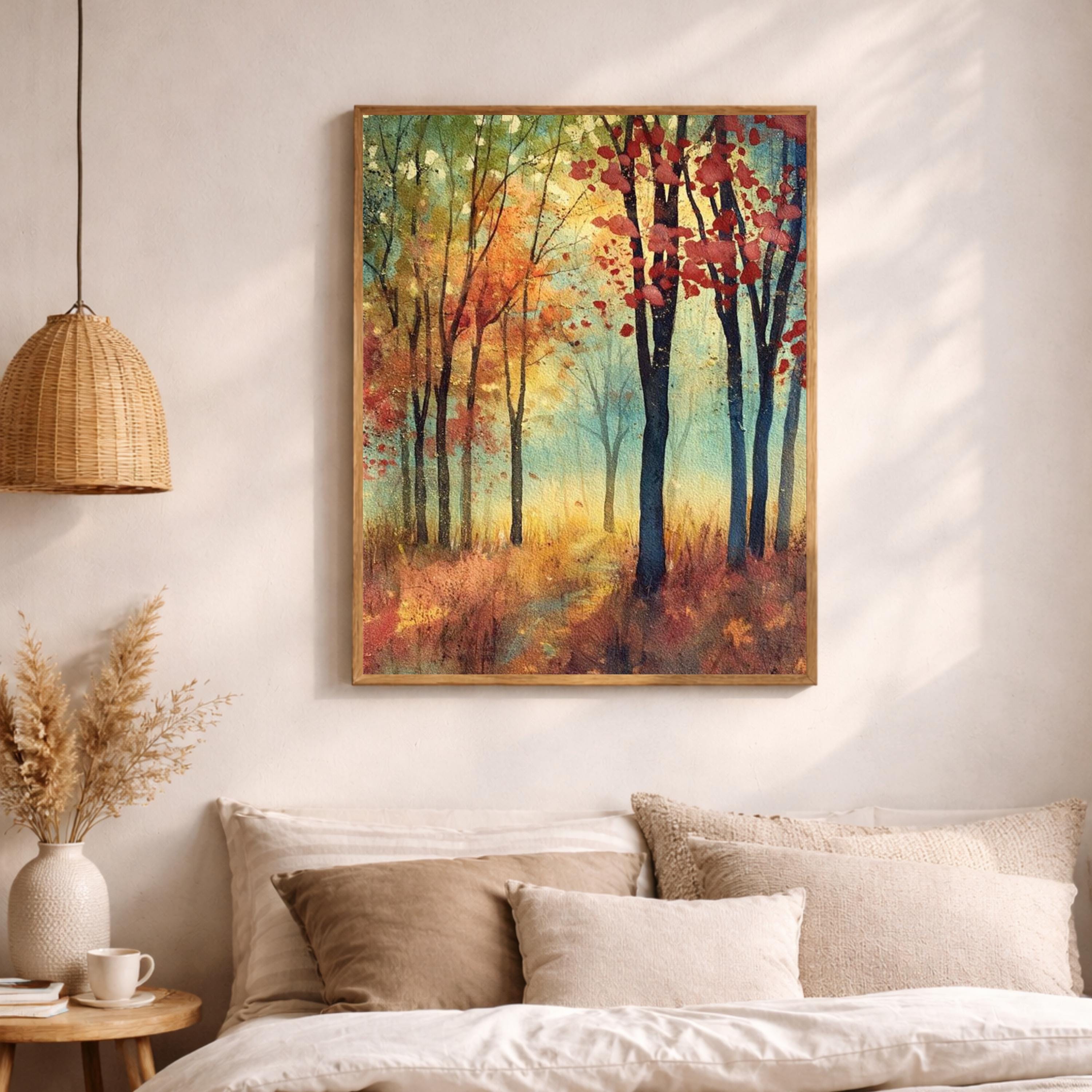 Autumn Forest Path Wall Art, Rustic Woodland Canvas Print, Fall Landscape Artwork, Vintage Nature Scene, Cozy Cottage Decor for Bedroom