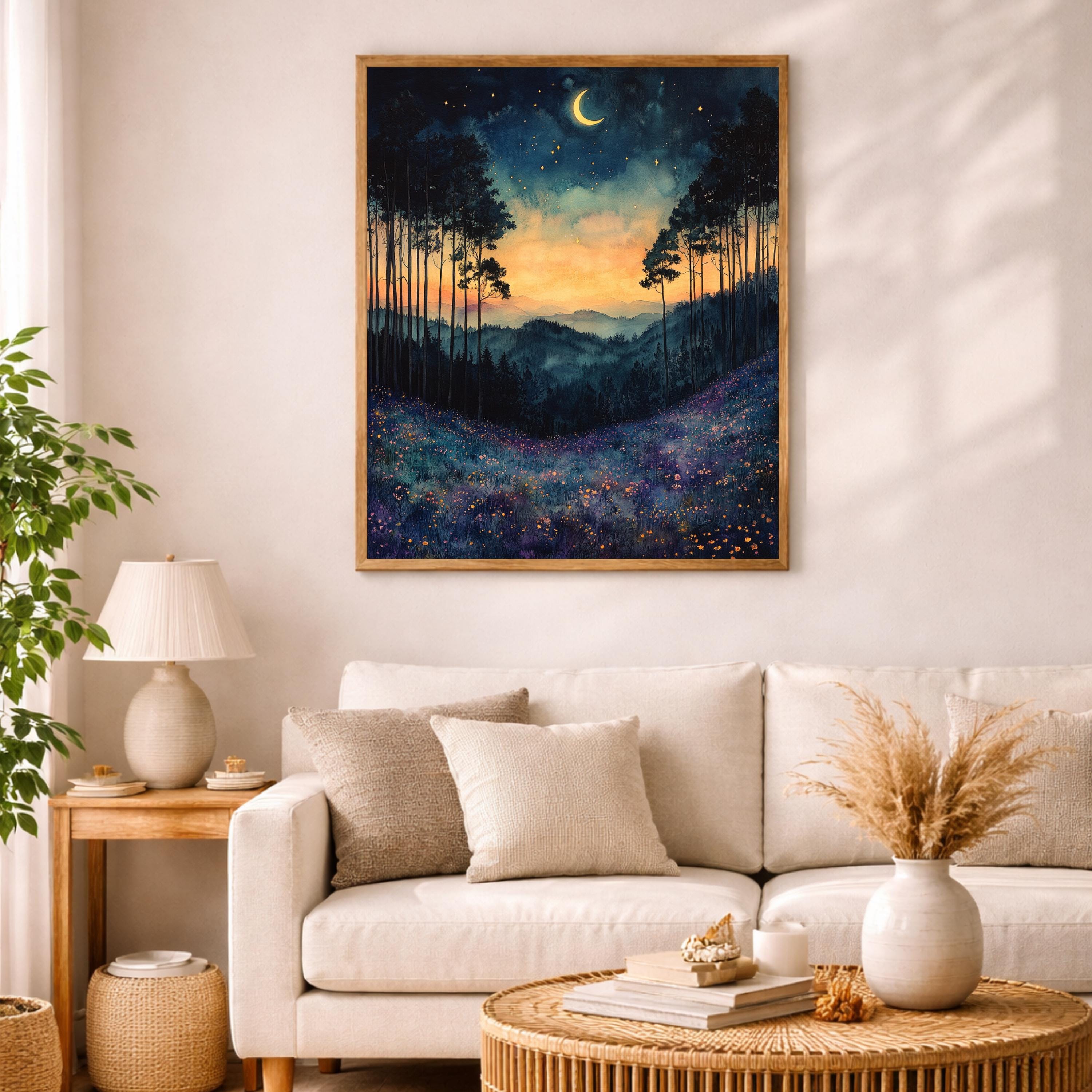 Twilight Meadow Wall Art, Moonlit Landscape Canvas, Dreamy Night Field Artwork, Starry Sky Nature Decor, Whimsical Print for Living Room