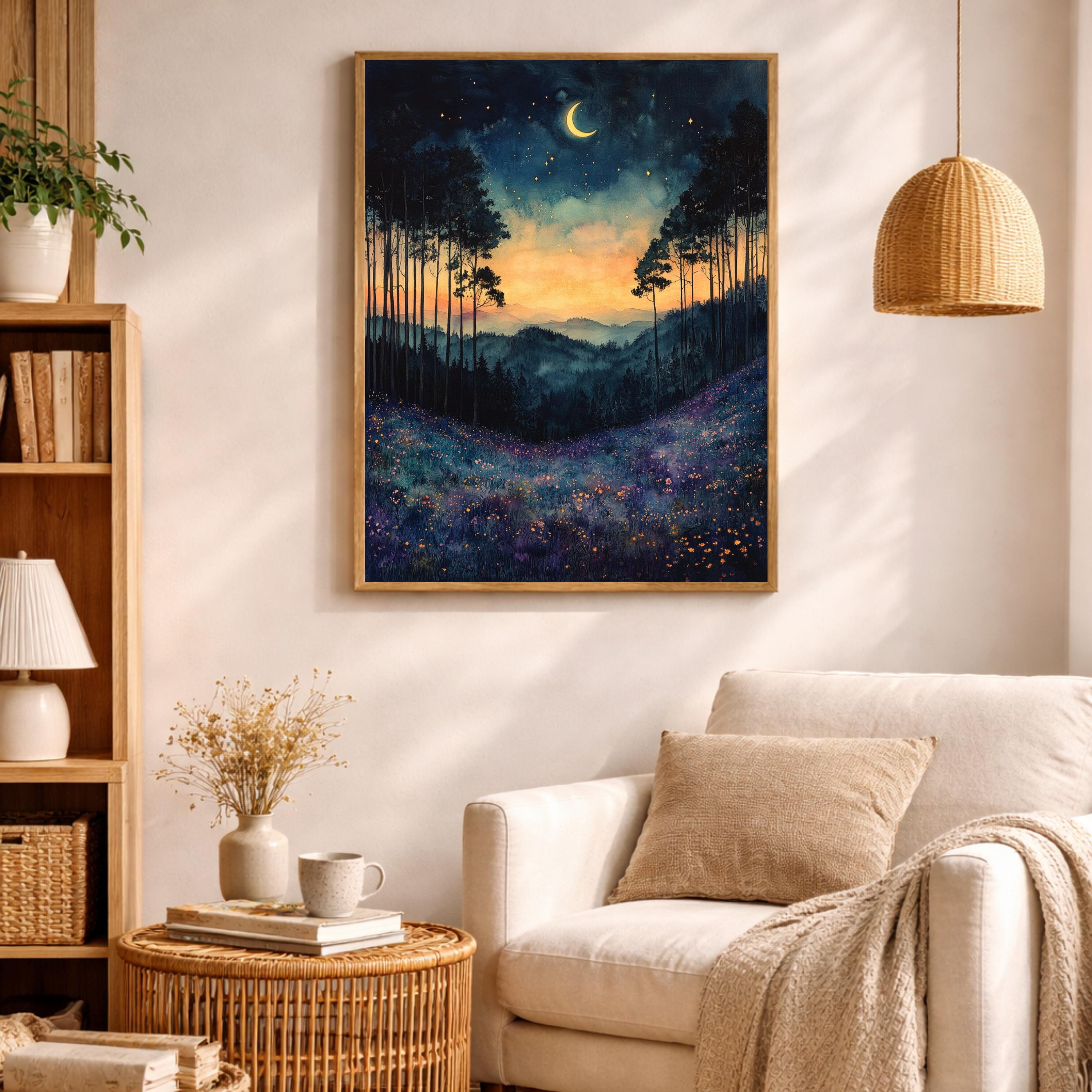 Twilight Meadow Wall Art, Moonlit Landscape Canvas, Dreamy Night Field Artwork, Starry Sky Nature Decor, Whimsical Print for Living Room