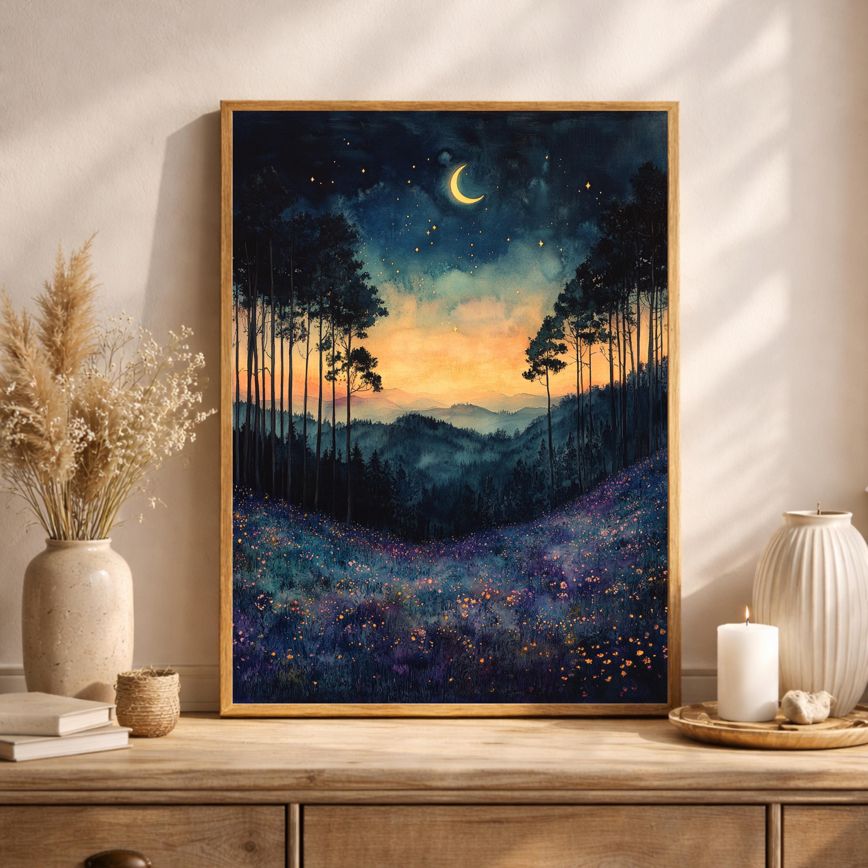 Twilight Meadow Wall Art, Moonlit Landscape Canvas, Dreamy Night Field Artwork, Starry Sky Nature Decor, Whimsical Print for Living Room