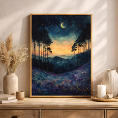 Twilight Meadow Wall Art, Moonlit Landscape Canvas, Dreamy Night Field Artwork, Starry Sky Nature Decor, Whimsical Print for Living Room