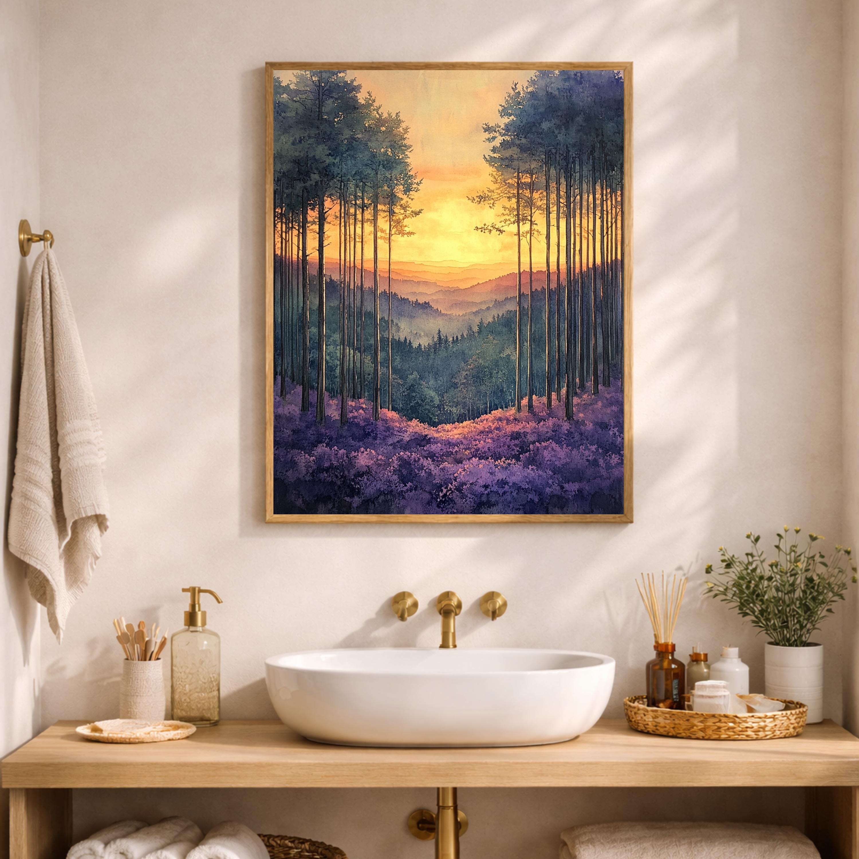 Sunset Forest Wall Art, Golden Sky Landscape Canvas, Mountain Valley Artwork, Warm Nature Decor, Scenic Woodland Print for Living Room