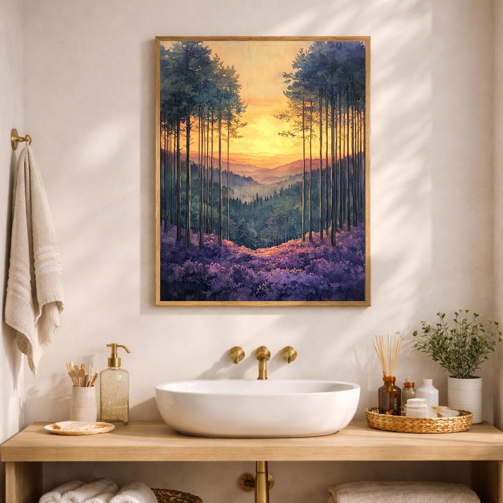 Sunset Forest Wall Art, Golden Sky Landscape Canvas, Mountain Valley Artwork, Warm Nature Decor, Scenic Woodland Print for Living Room