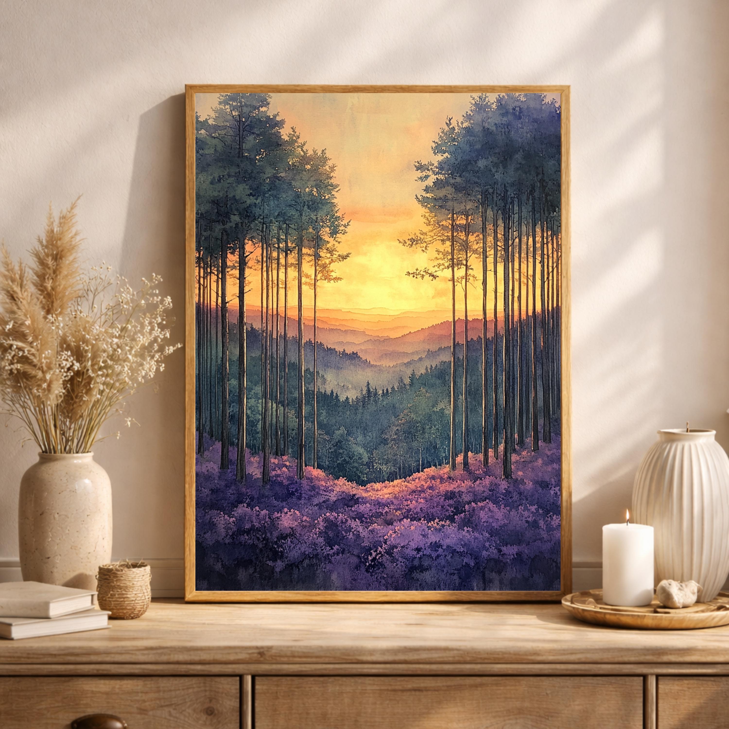 Sunset Forest Wall Art, Golden Sky Landscape Canvas, Mountain Valley Artwork, Warm Nature Decor, Scenic Woodland Print for Living Room