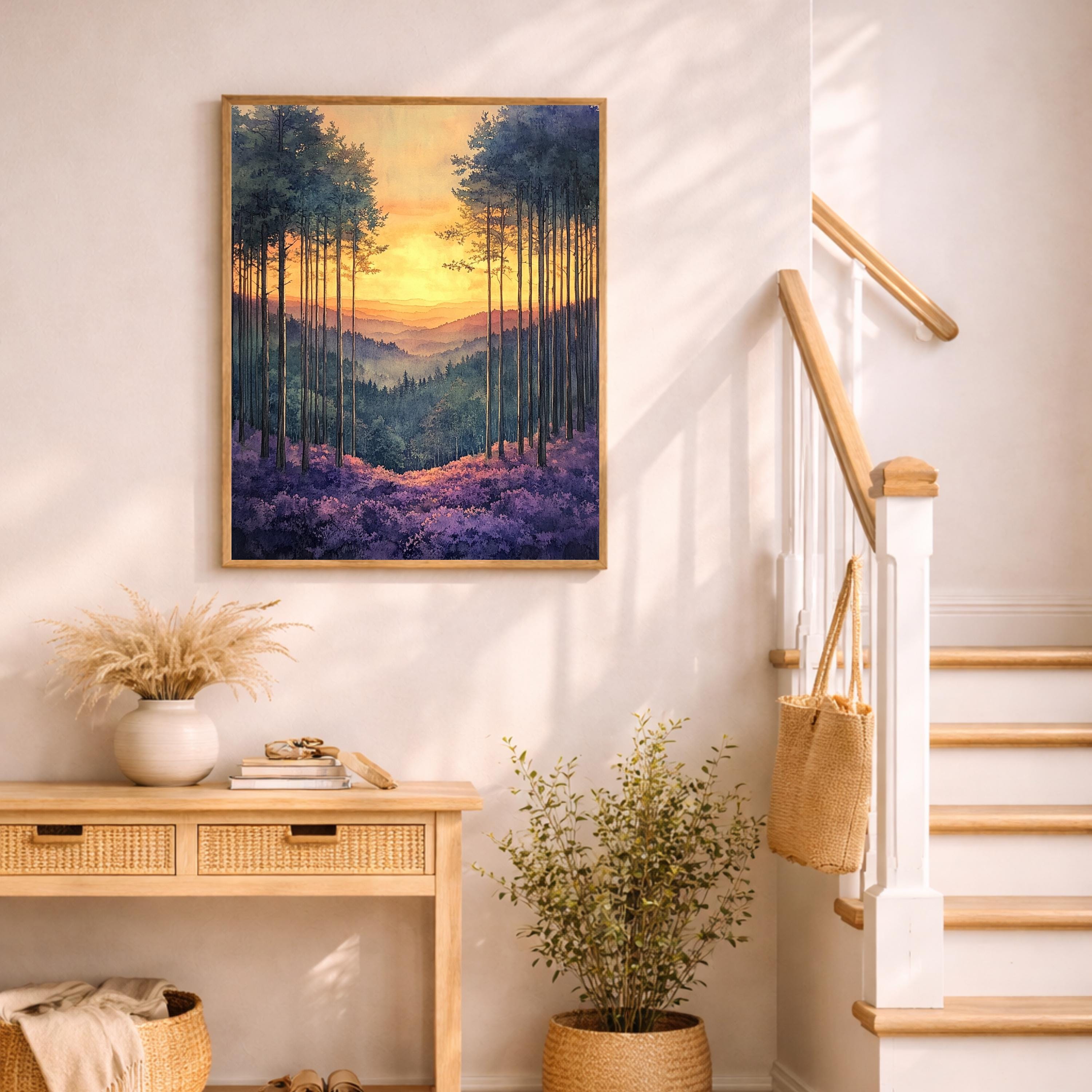 Sunset Forest Wall Art, Golden Sky Landscape Canvas, Mountain Valley Artwork, Warm Nature Decor, Scenic Woodland Print for Living Room