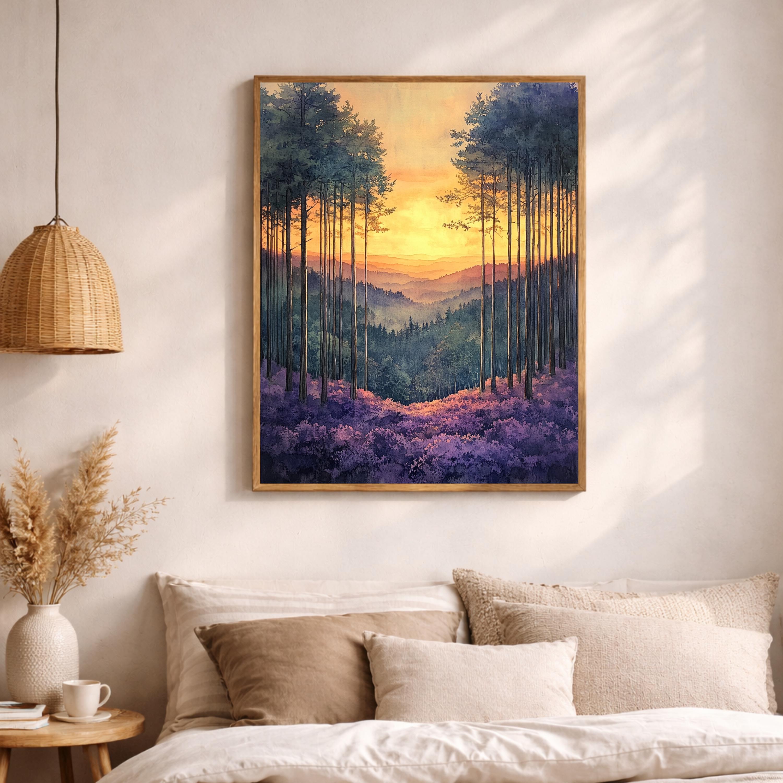 Sunset Forest Wall Art, Golden Sky Landscape Canvas, Mountain Valley Artwork, Warm Nature Decor, Scenic Woodland Print for Living Room