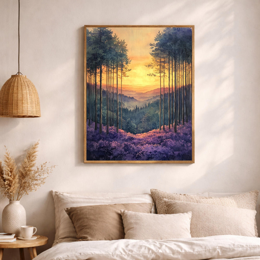 Sunset Forest Wall Art, Golden Sky Landscape Canvas, Mountain Valley Artwork, Warm Nature Decor, Scenic Woodland Print for Living Room