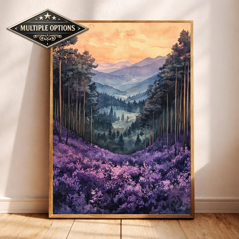 Purple Valley Wall Art, Lavender Mountain Landscape Print, Misty Forest Canvas, Dreamy Nature Artwork, Whimsical Woodland Decor for Bedroom