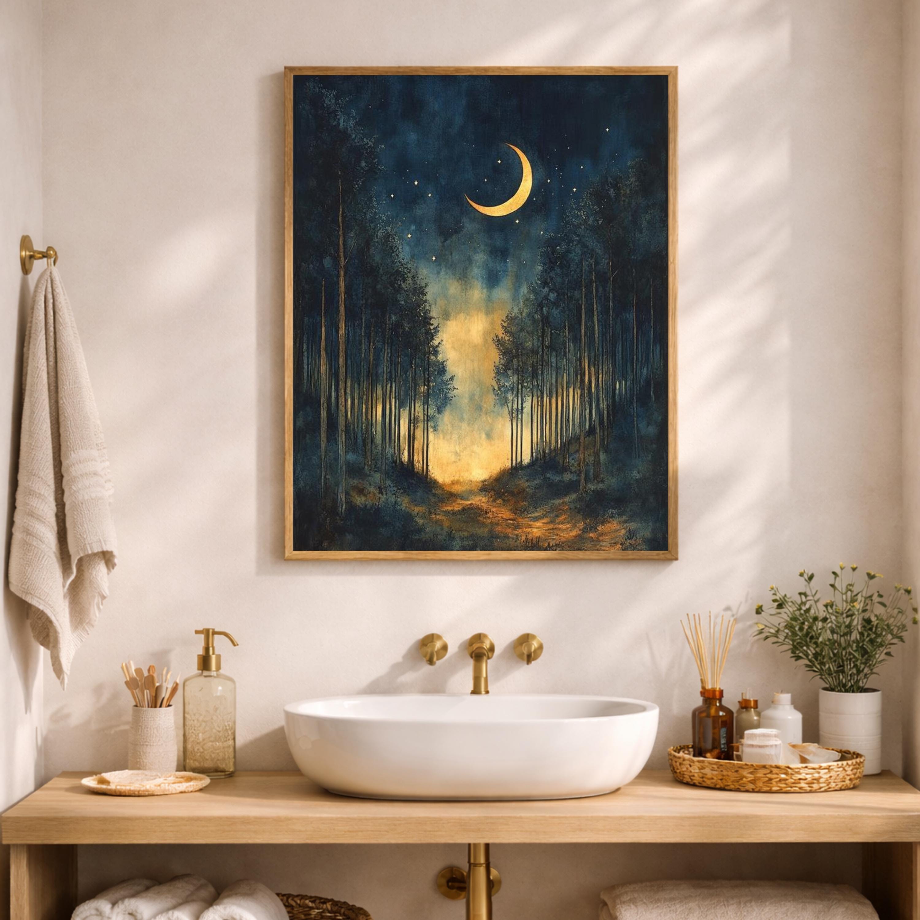 Crescent Moon Wall Art, Night Forest Path Print, Dark Woodland Landscape Canvas, Moody Nature Artwork, Mystical Forest Decor for Living Room