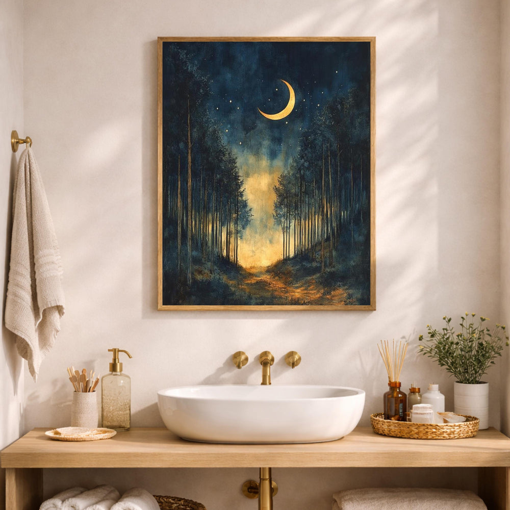 Crescent Moon Wall Art, Night Forest Path Print, Dark Woodland Landscape Canvas, Moody Nature Artwork, Mystical Forest Decor for Living Room