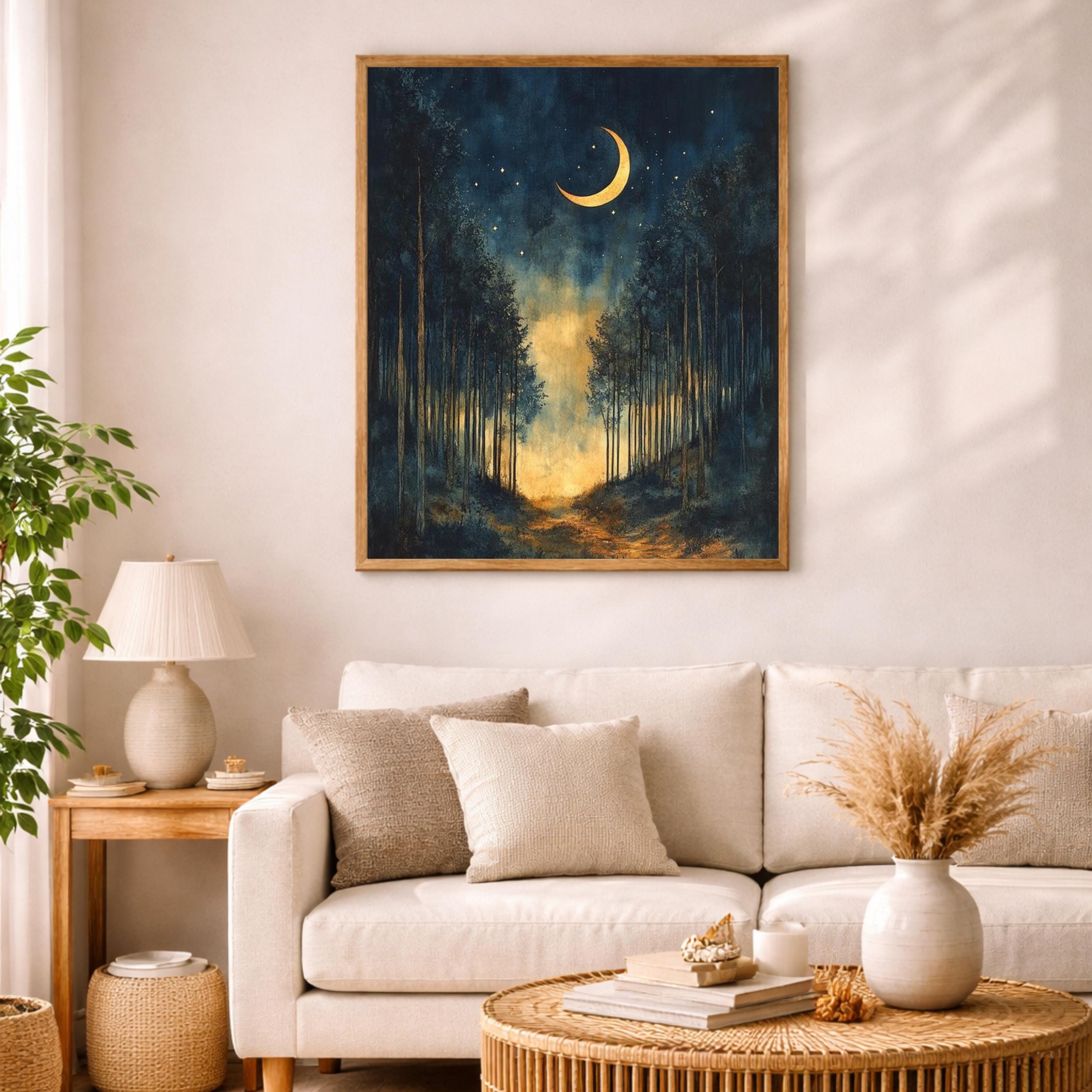 Crescent Moon Wall Art, Night Forest Path Print, Dark Woodland Landscape Canvas, Moody Nature Artwork, Mystical Forest Decor for Living Room