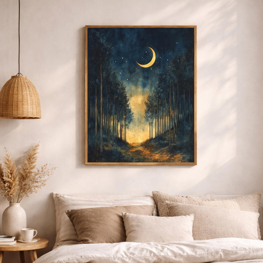 Crescent Moon Wall Art, Night Forest Path Print, Dark Woodland Landscape Canvas, Moody Nature Artwork, Mystical Forest Decor for Living Room